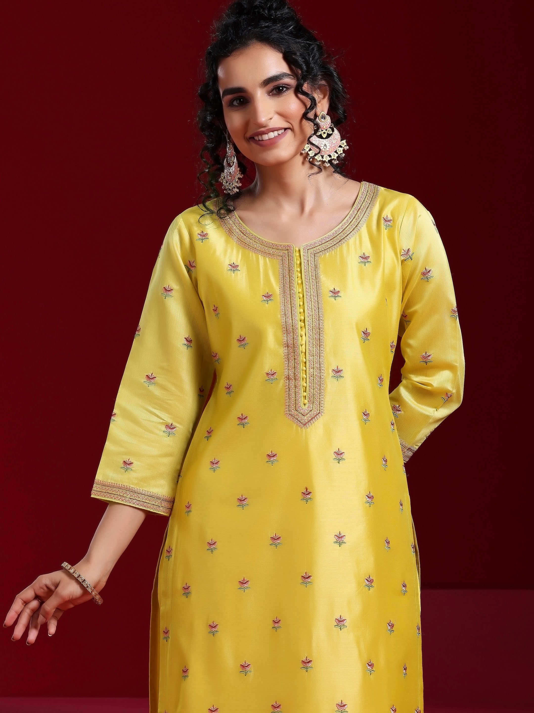 Libas Art Yellow Embroidered Chanderi Silk Straight Suit With Dupatta