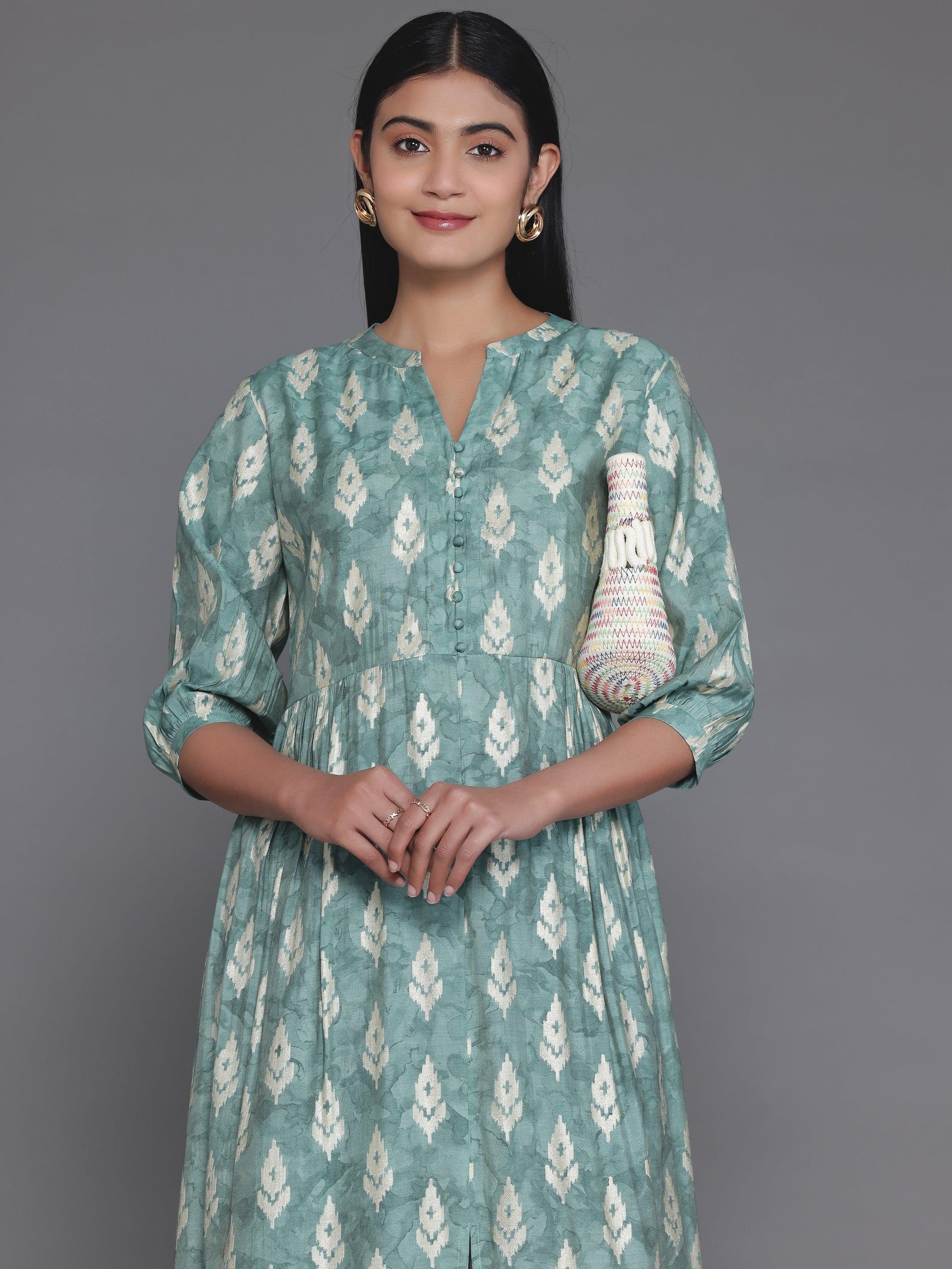 Green Printed Silk Fit and Flare Dress