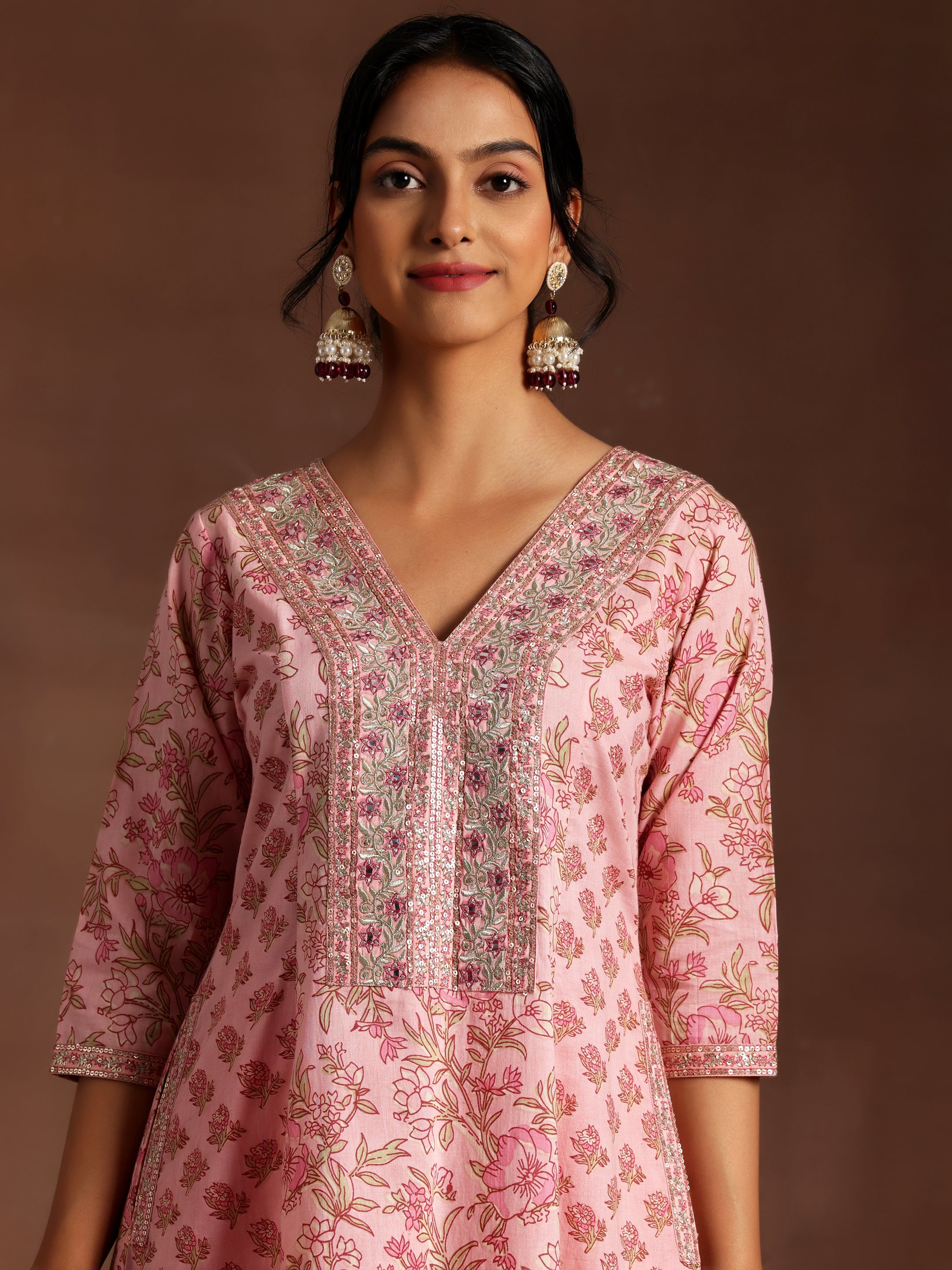 Mariyam Pink Printed Cotton A-Line Kurta With Palazzos & Dupatta