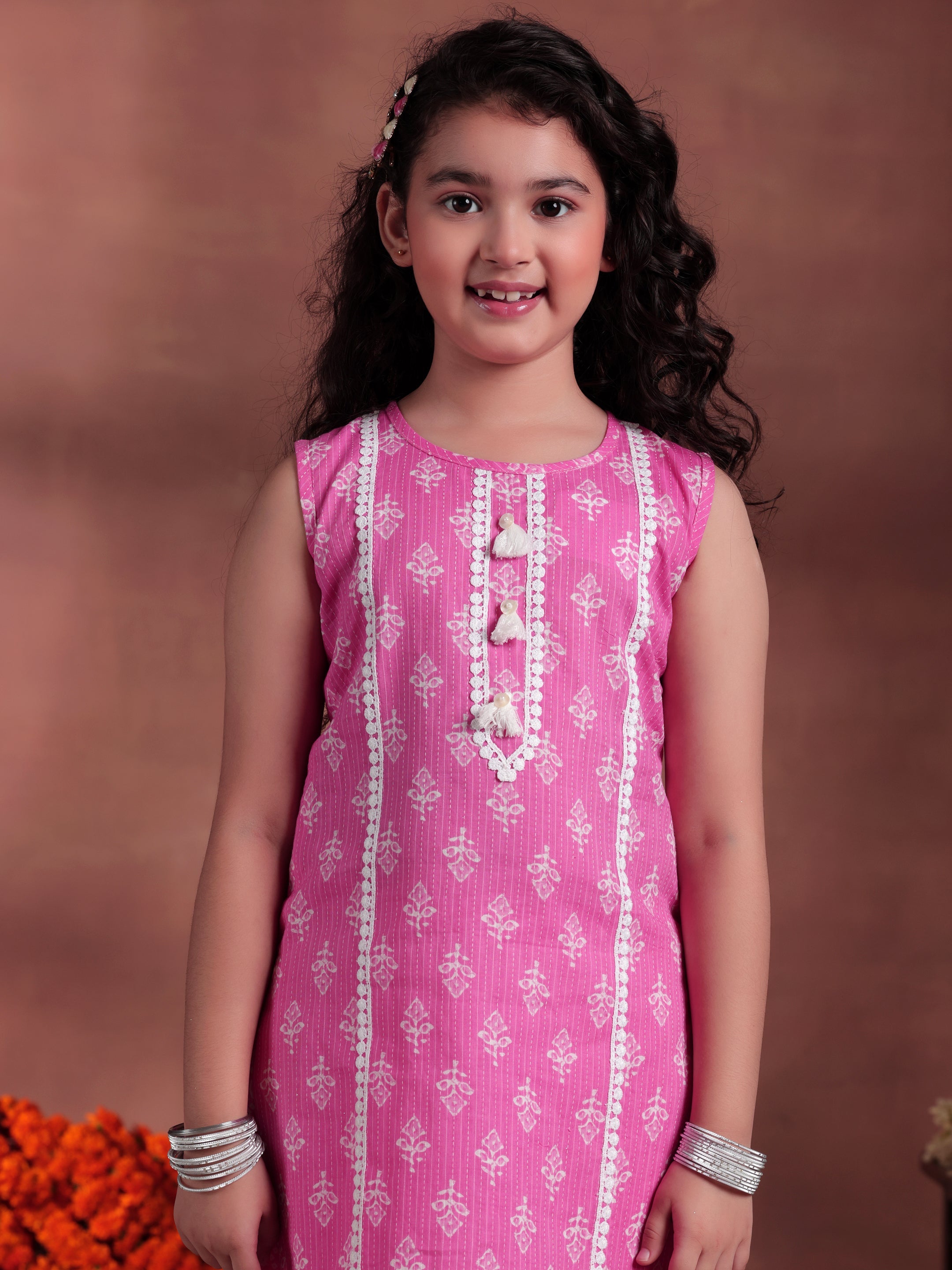 Kids Pink Printed Cotton Straight Top With Trousers