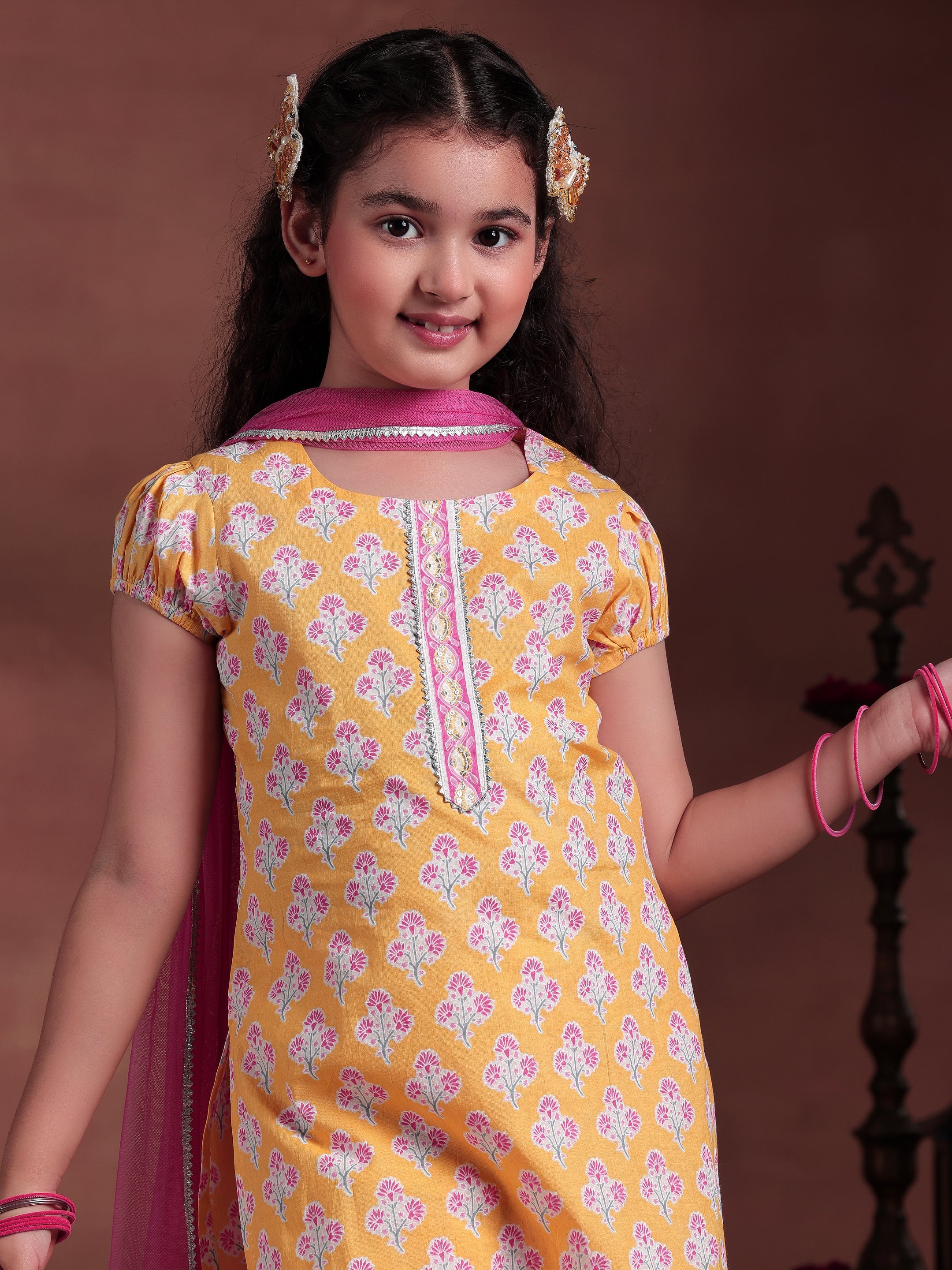 Kids Yellow Printed Cotton Straight Suit With Dupatta