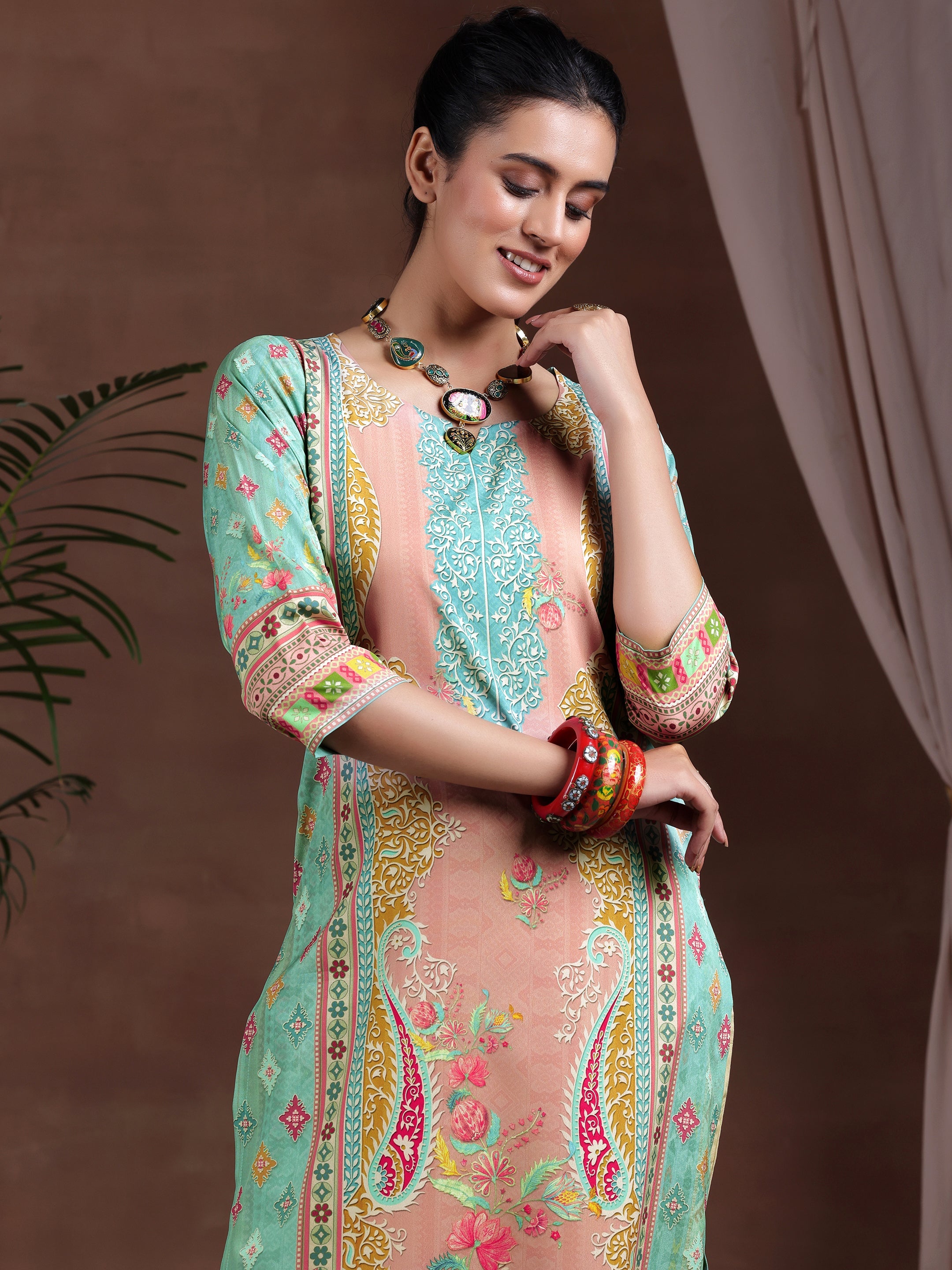 Green Printed Crepe Straight Kurta