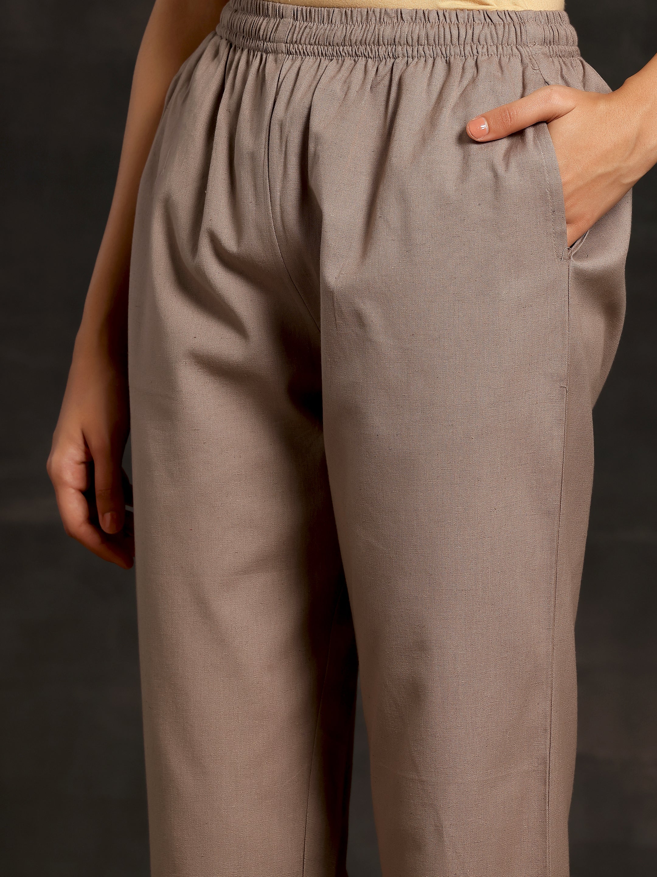 Grey Solid Cotton Straight Fit Trousers