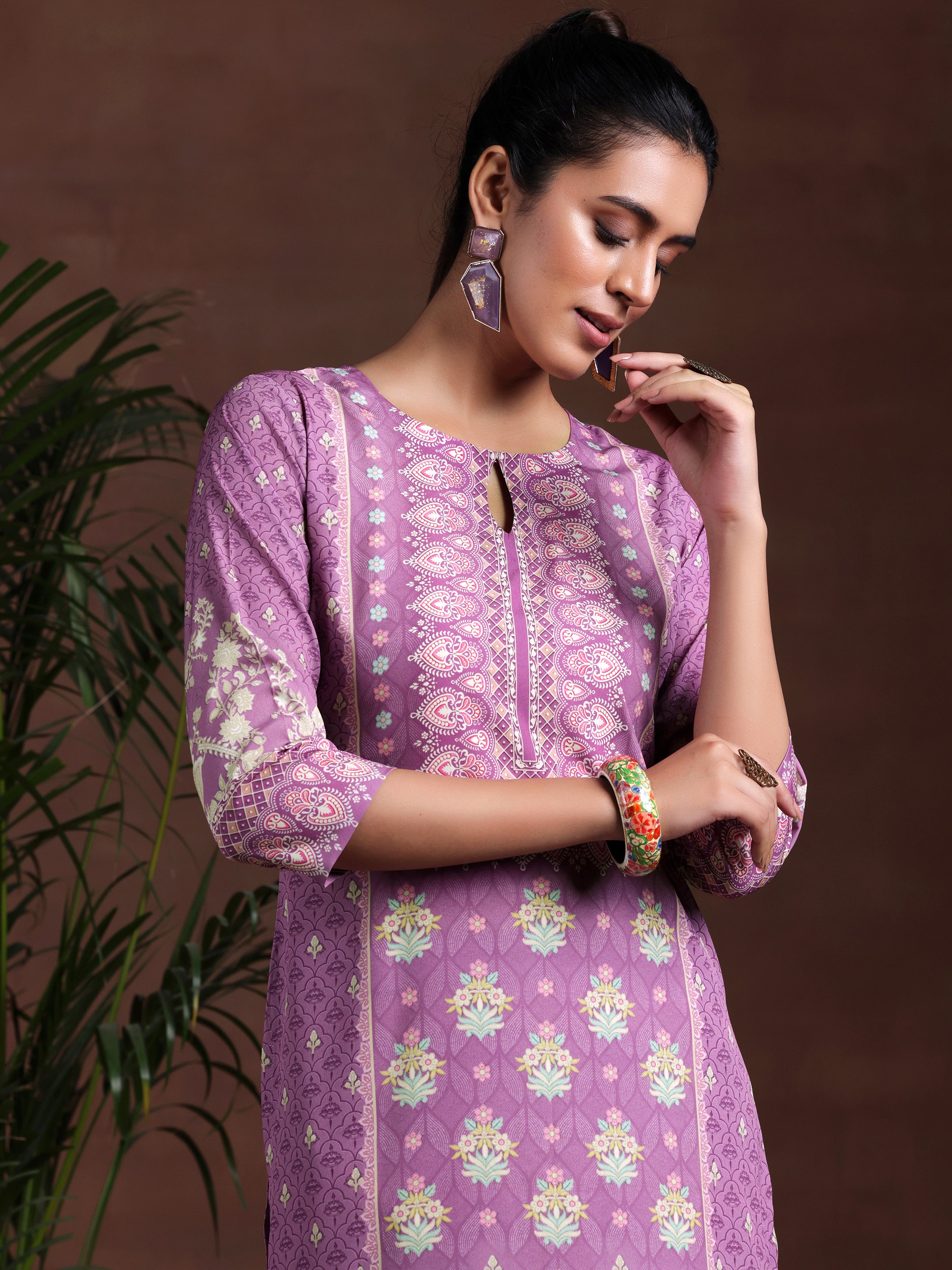 Purple Printed Poly Crepe Straight Suit With Dupatta