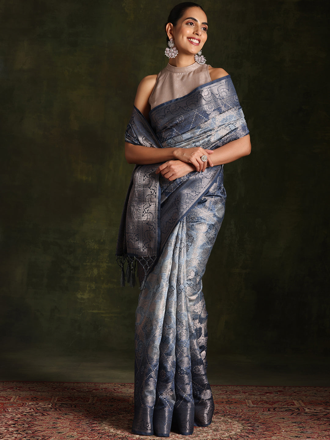 Blue Woven Design Brocade Saree With Unstitched Blouse Piece