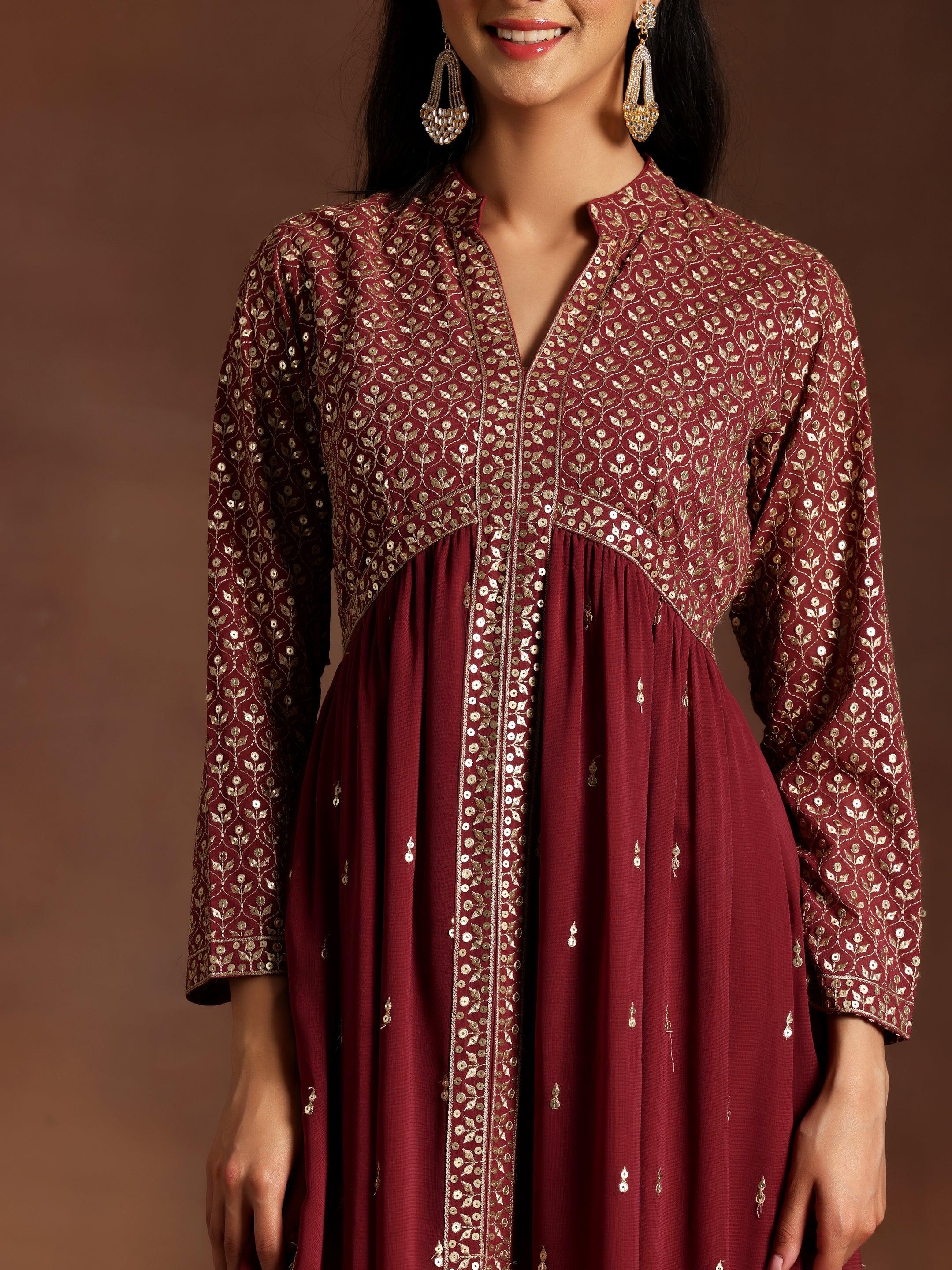 Chandni Mauve Embroidered Georgette A-Line Kurta With Trousers & Dupatta