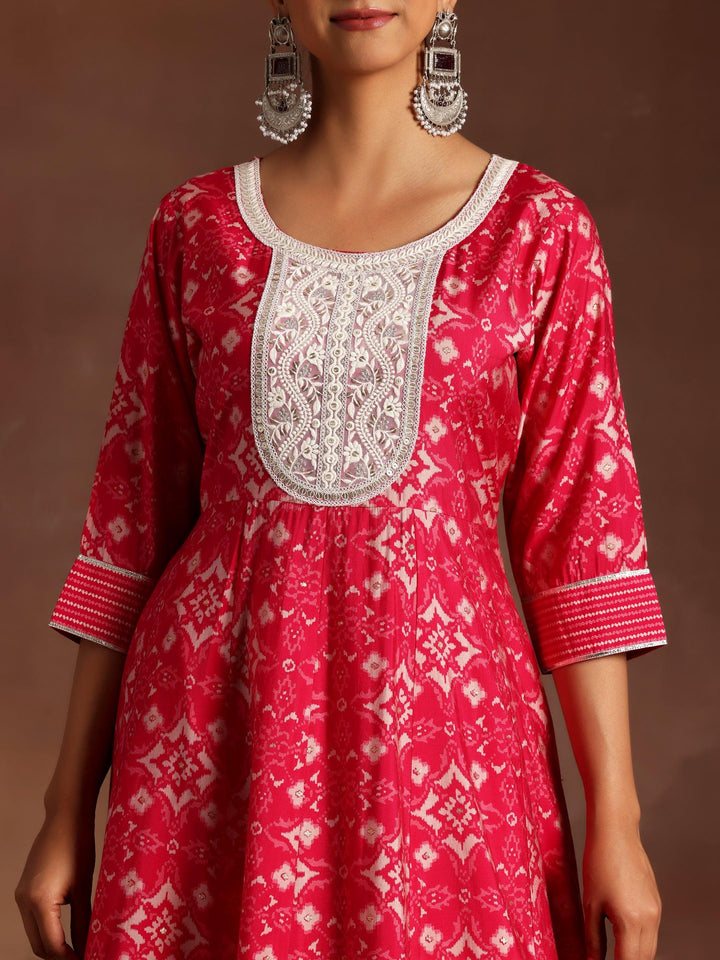 Pink Printed Silk Blend Anarkali Kurta With Churidar & Dupatta - ShopLibas