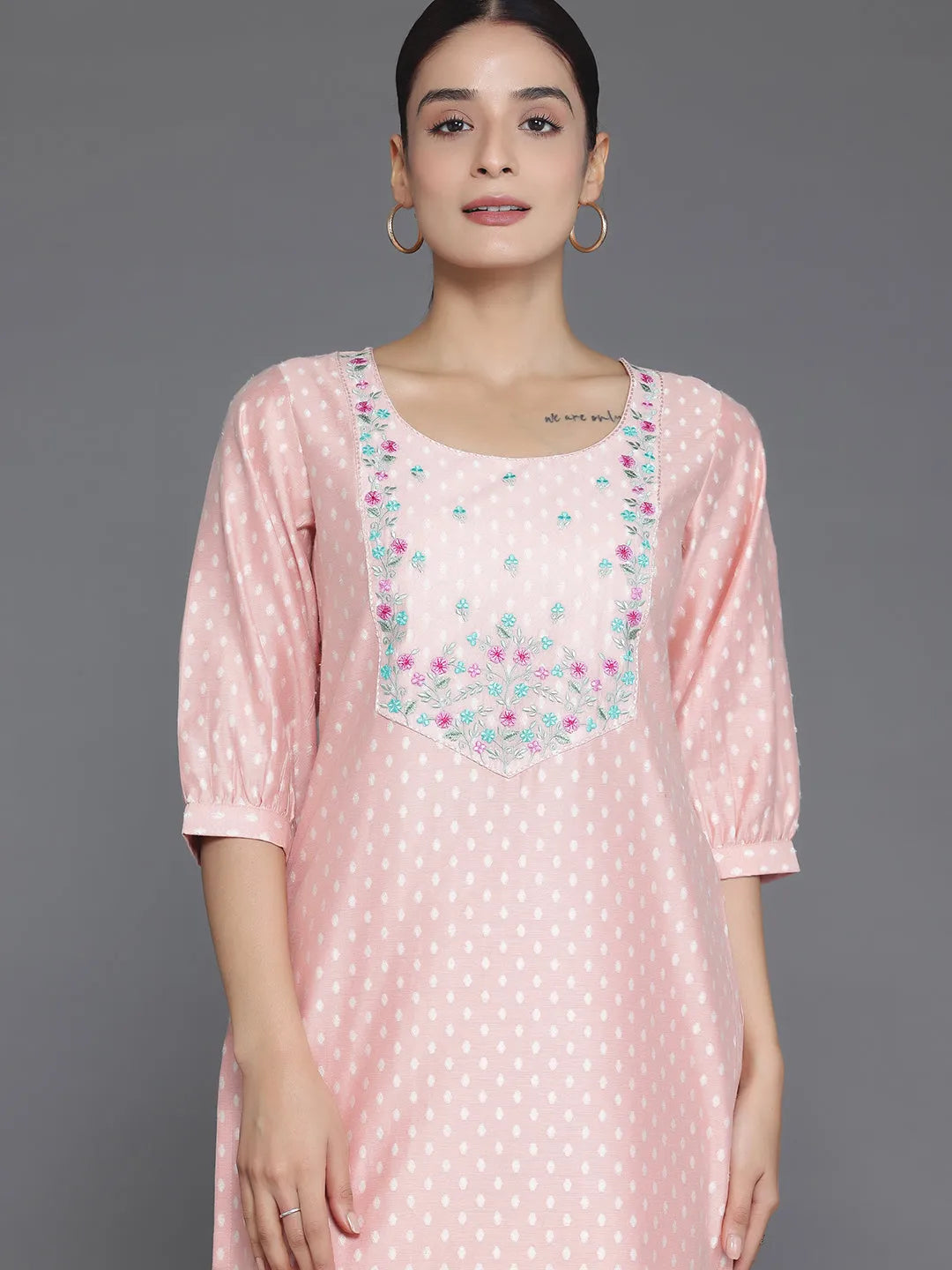 Peach Printed Chanderi Silk Straight Kurta Set