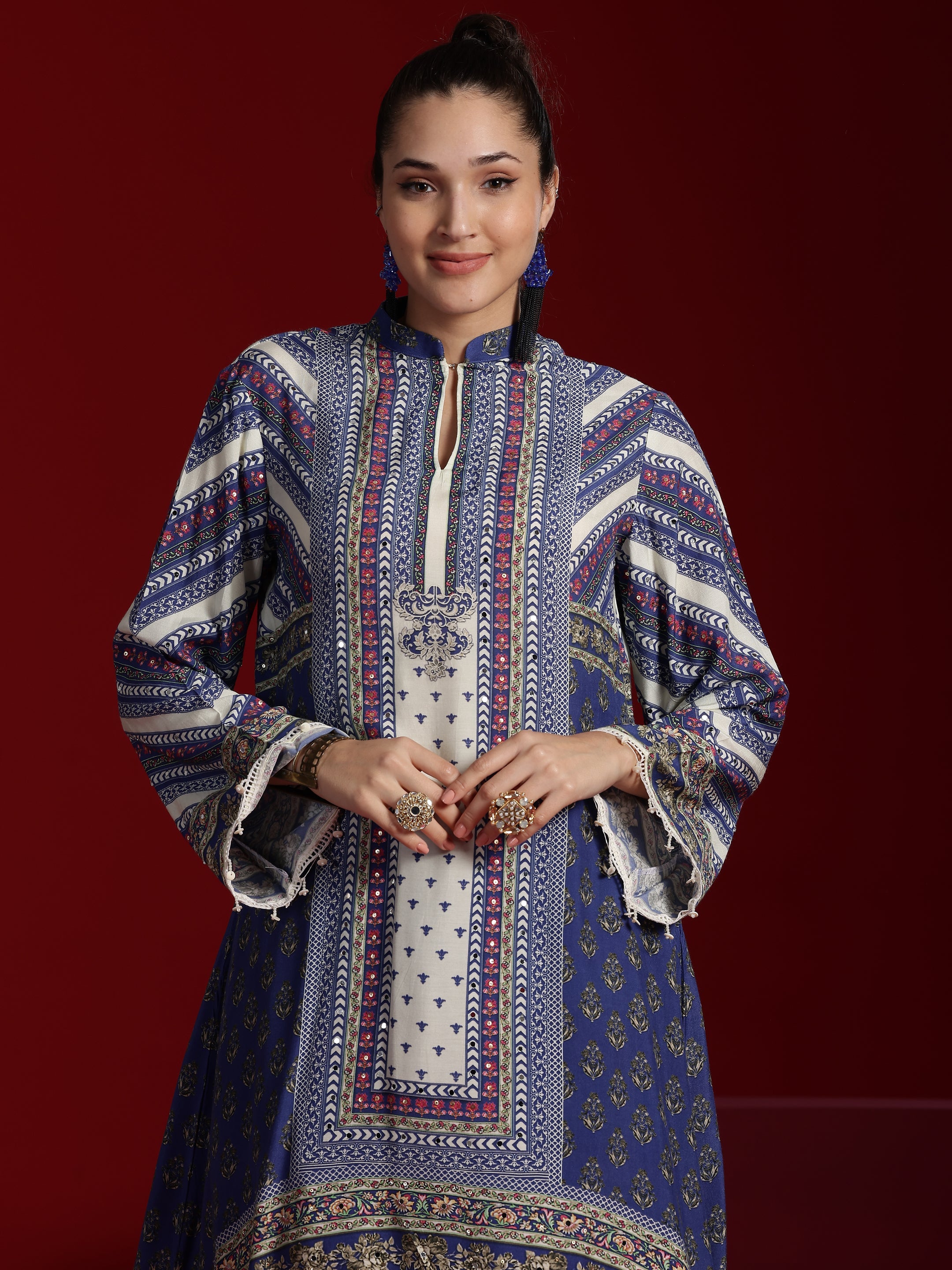 Libas Art Blue Printed Silk Blend Straight Kurta With Dhoti Pants