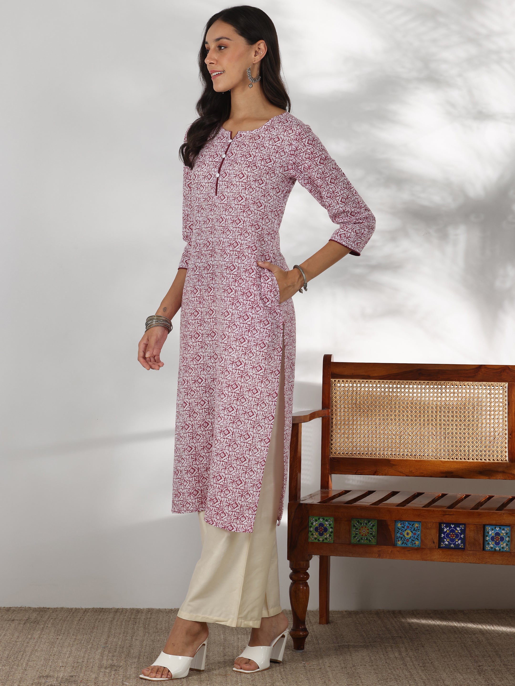 Maroon Printed Cotton Straight Kurta