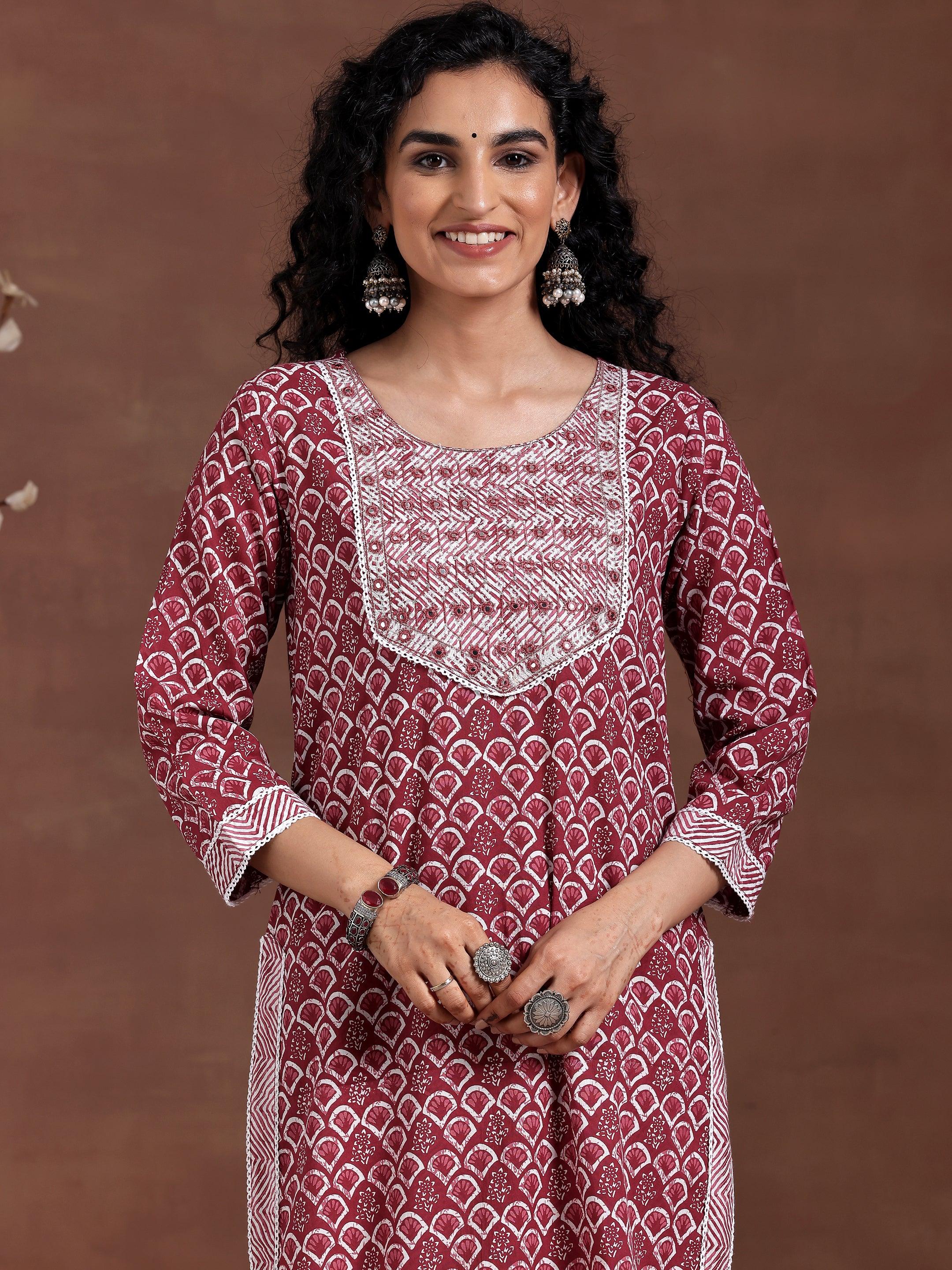 Maroon Printed Cotton Straight Suit With Dupatta