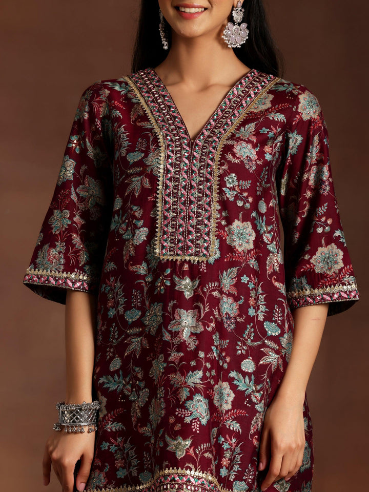 Burgundy Printed Silk Blend Straight Kurta With Dhoti Pants & Dupatta - ShopLibas