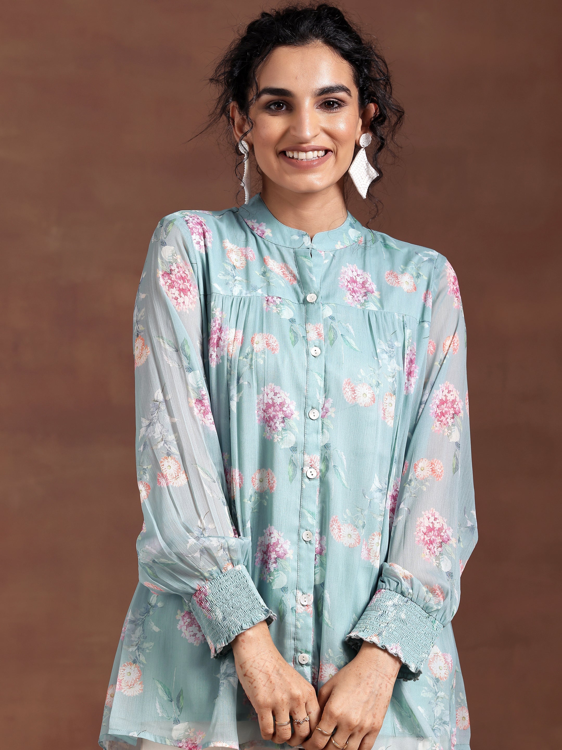 Blue Printed Chiffon A-Line Kurti