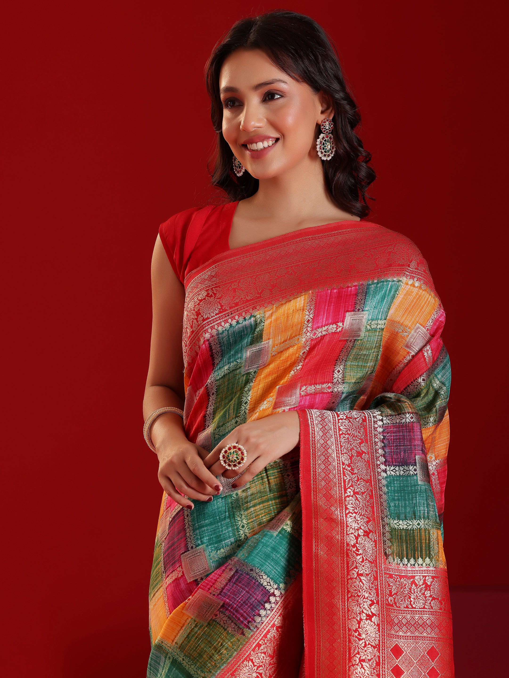 Libas Art Multicoloured Woven Design Satin Saree With Unstitched  Blouse Piece