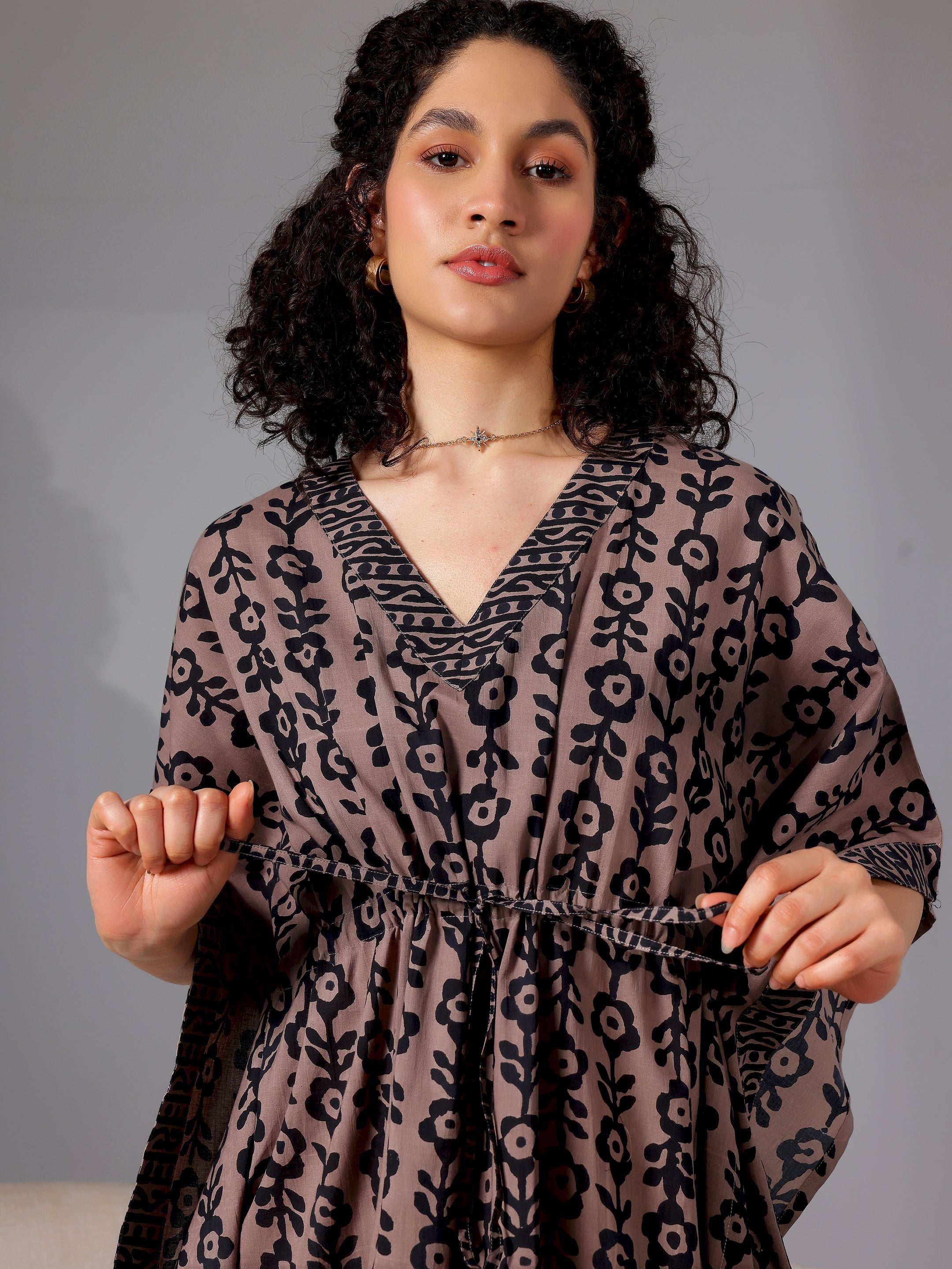 Black Printed Cotton Kaftan Night Dress