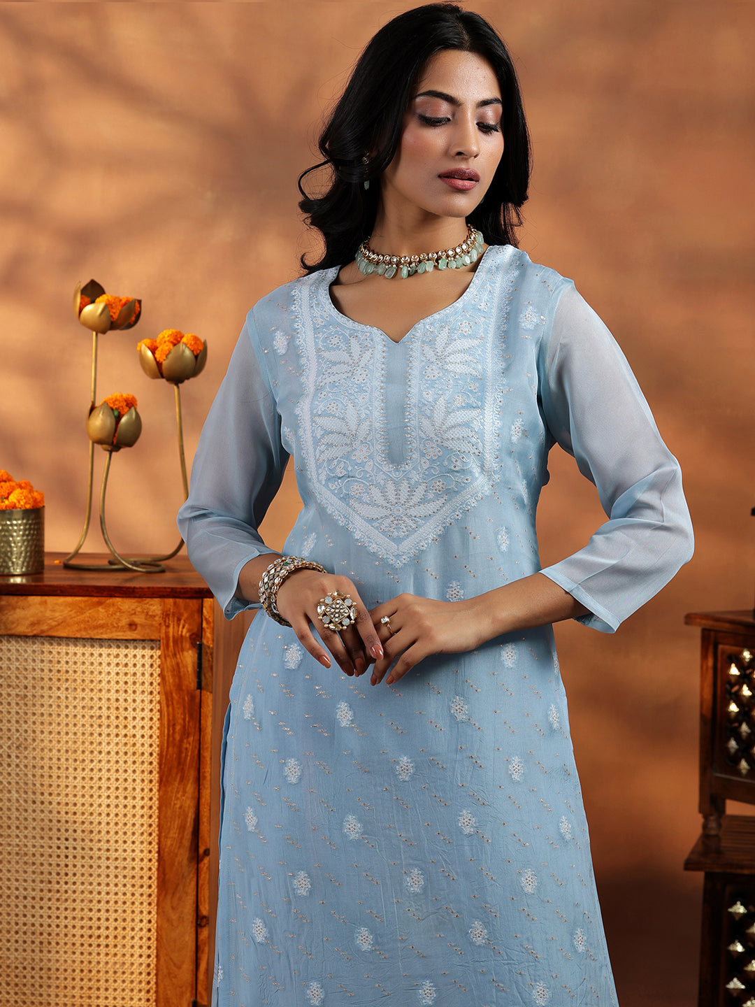 Blue Embroidered Organza Straight Suit With Dupatta