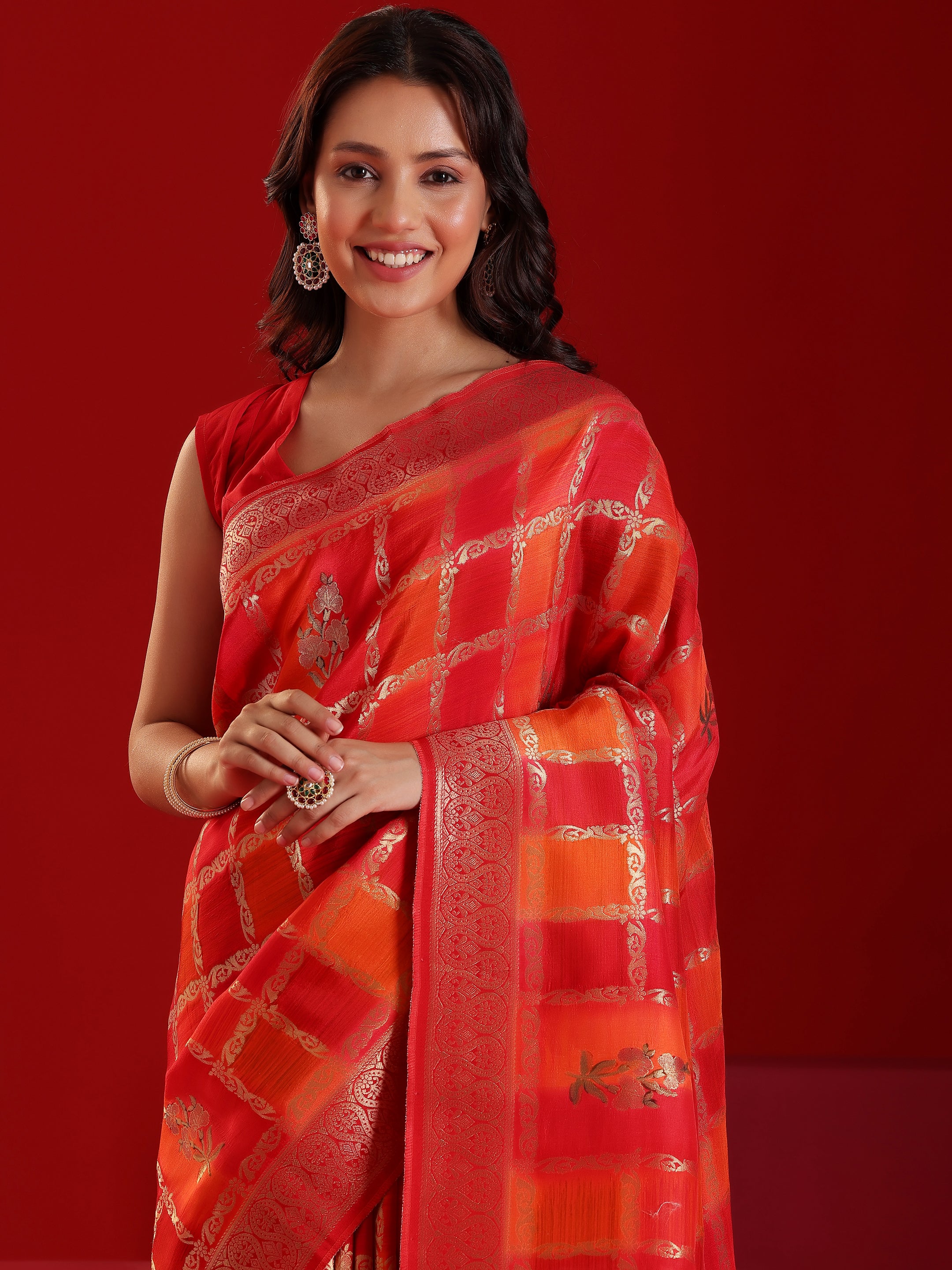 Libas Art Orange Woven Design Satin Saree With Unstitched  Blouse Piece