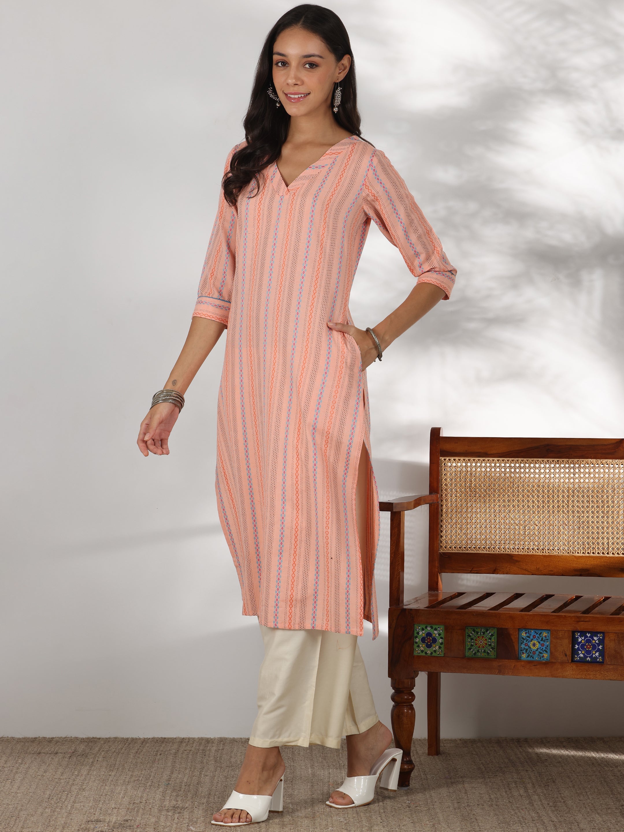 Peach Woven Design Cotton Straight Kurta