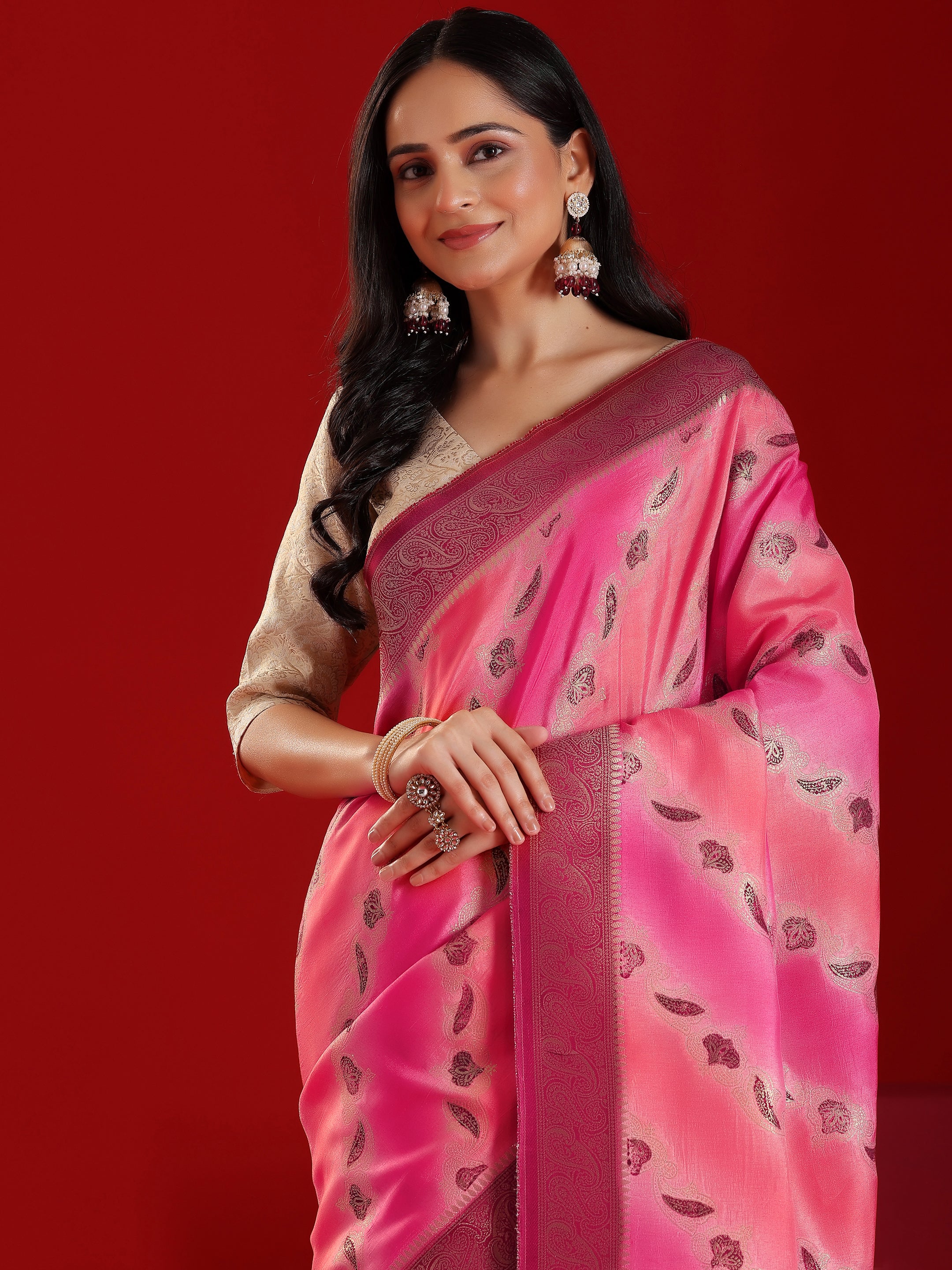 Libas Art Pink Woven Design Satin Saree With Unstitched  Blouse Piece