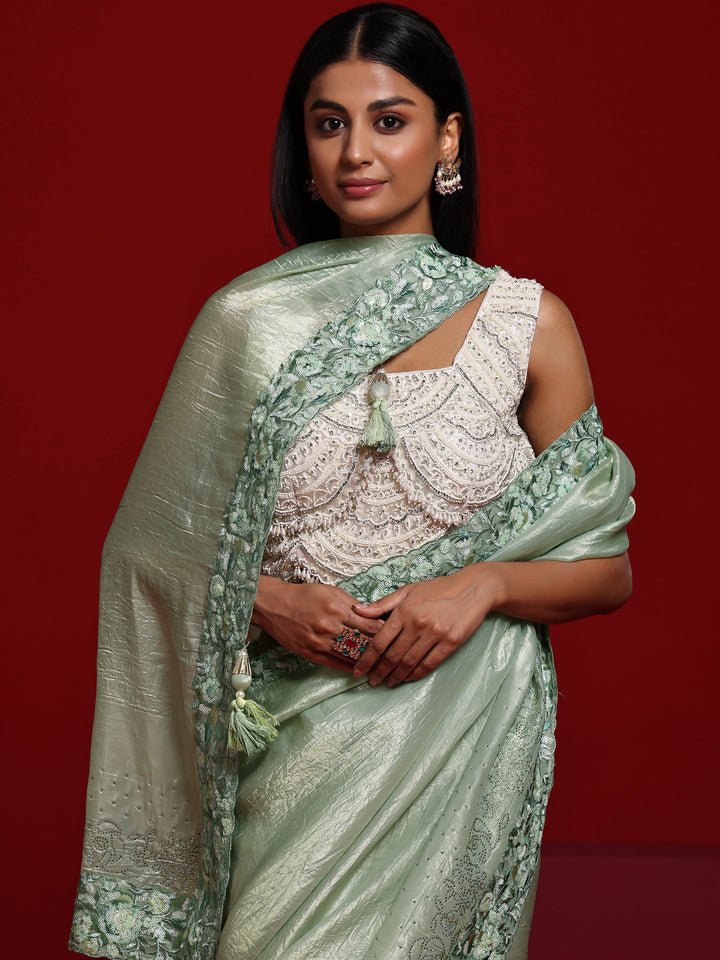 Libas Art Green Embellished Tissue Saree With Unstitched Blouse Piece