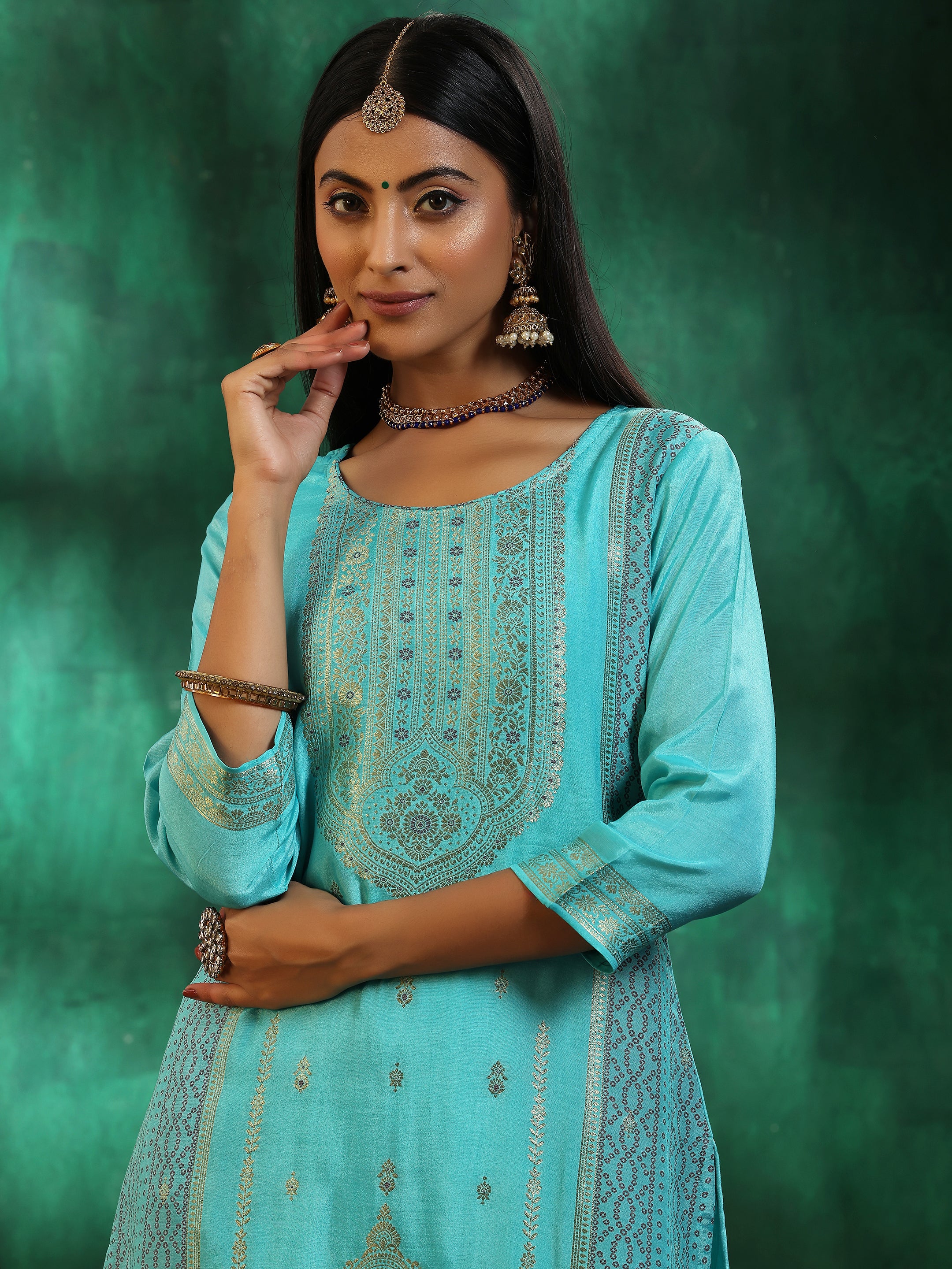 Turquoise Blue Woven Design Silk Blend Straight Suit With Dupatta