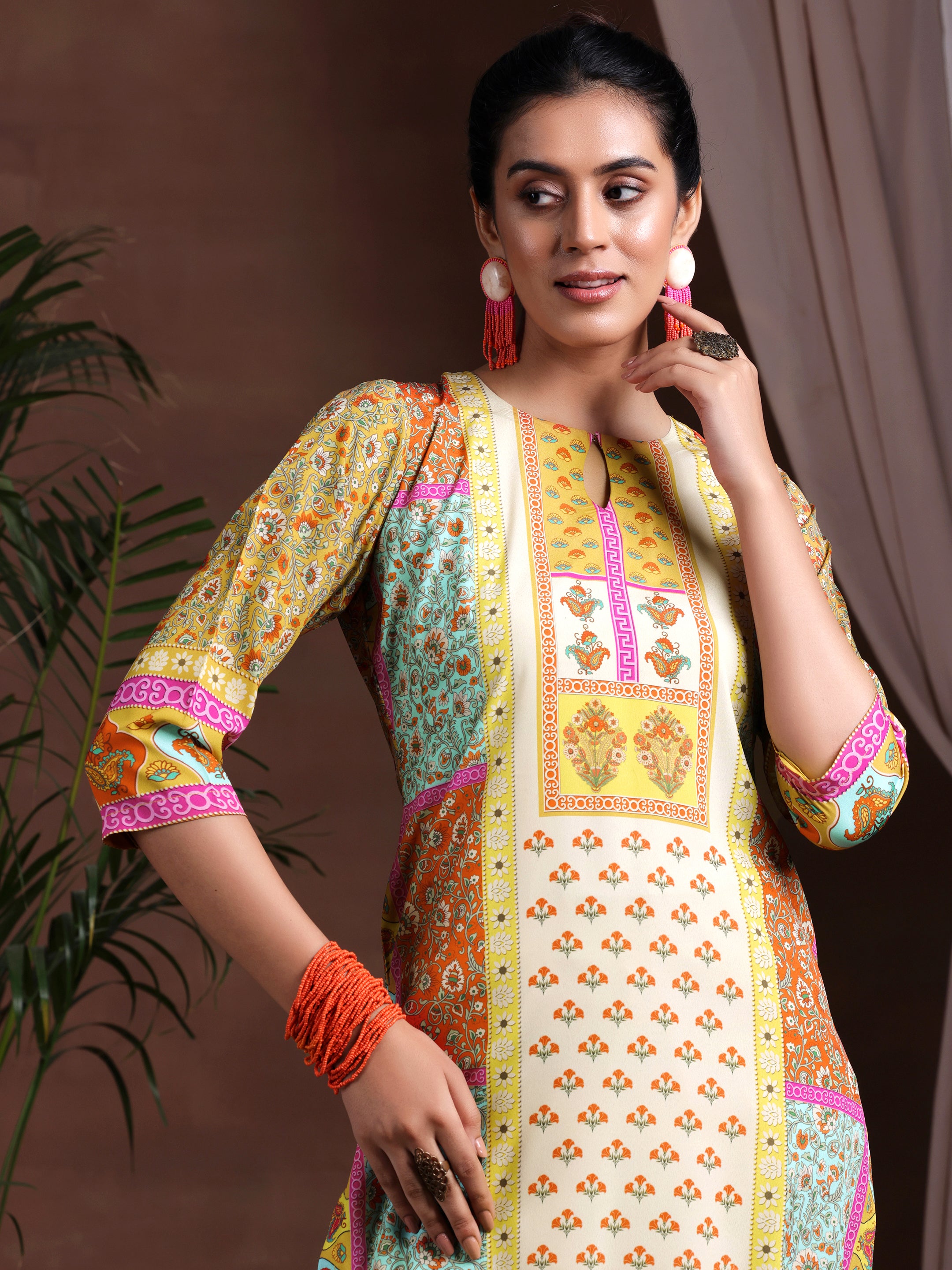 Mustard Printed Poly Crepe Straight Suit With Dupatta