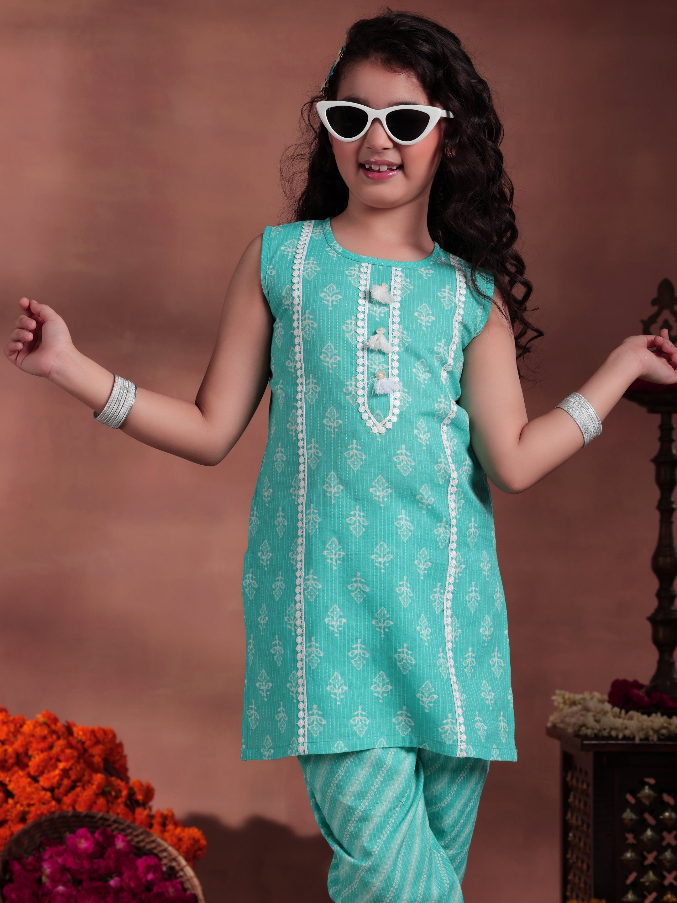 Kids Blue Printed Cotton Straight Top With Trousers