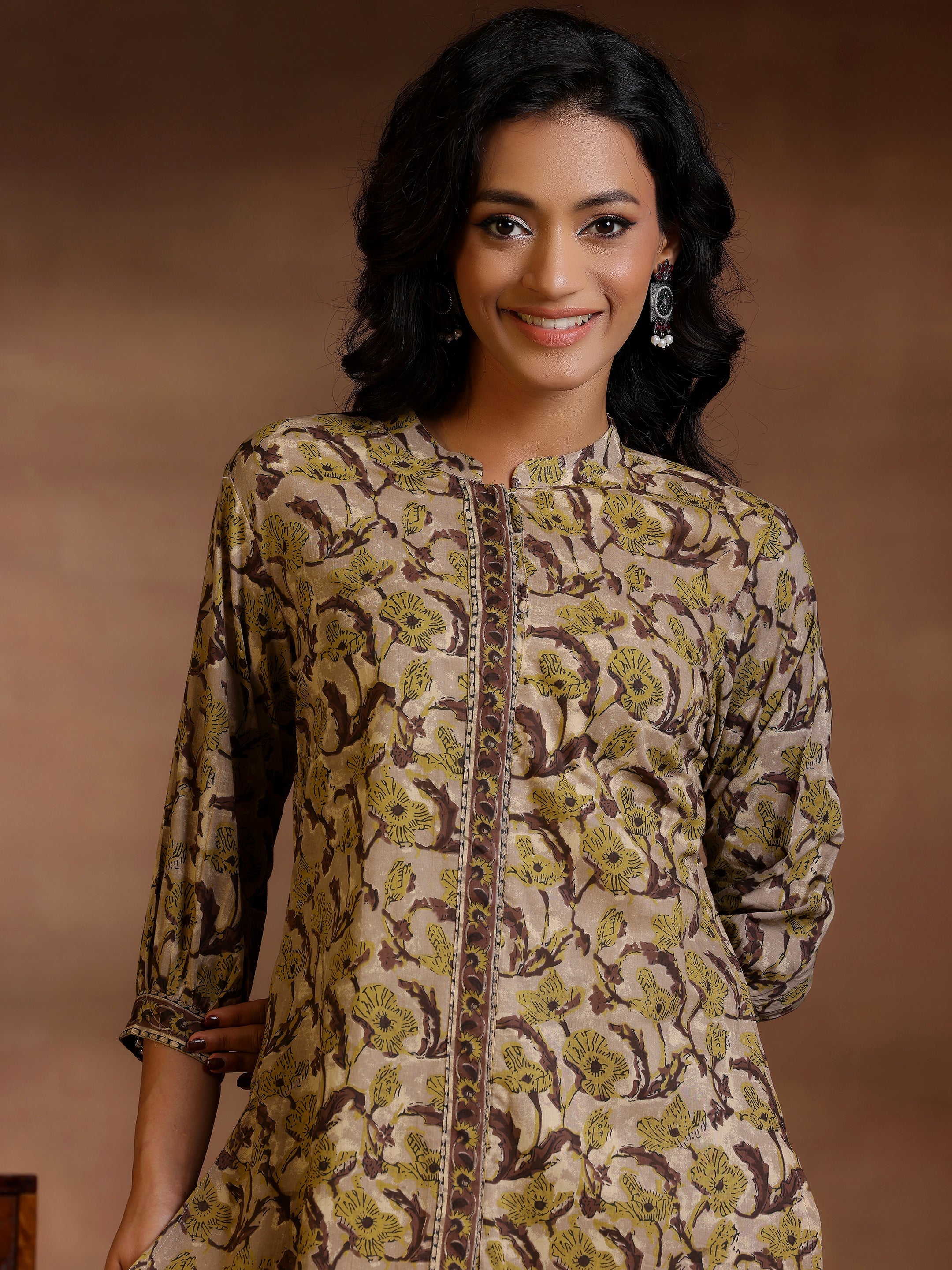 Brown Printed Cotton Straight Kurti