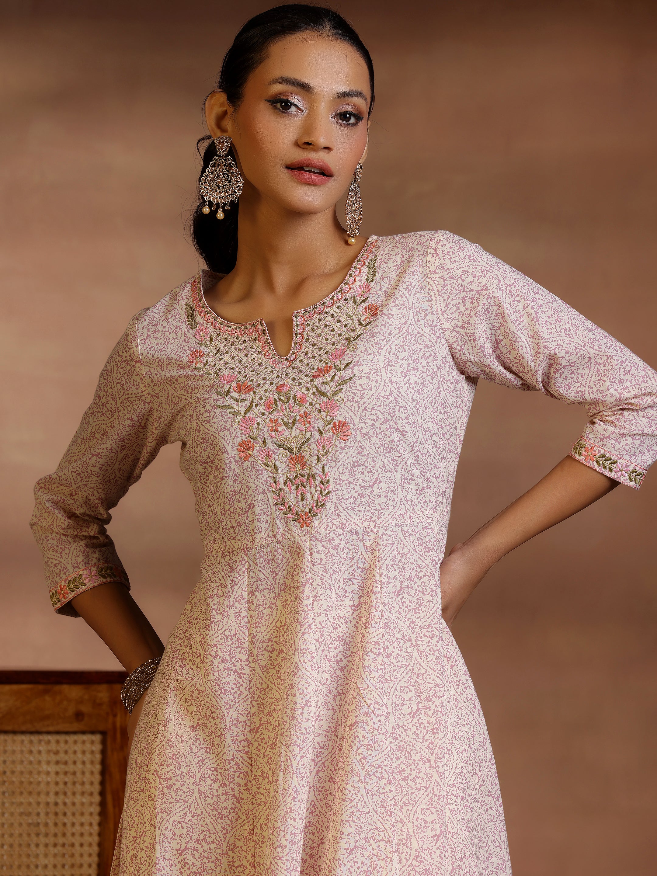 Mauve Printed Cotton Anarkali Kurta With Trousers