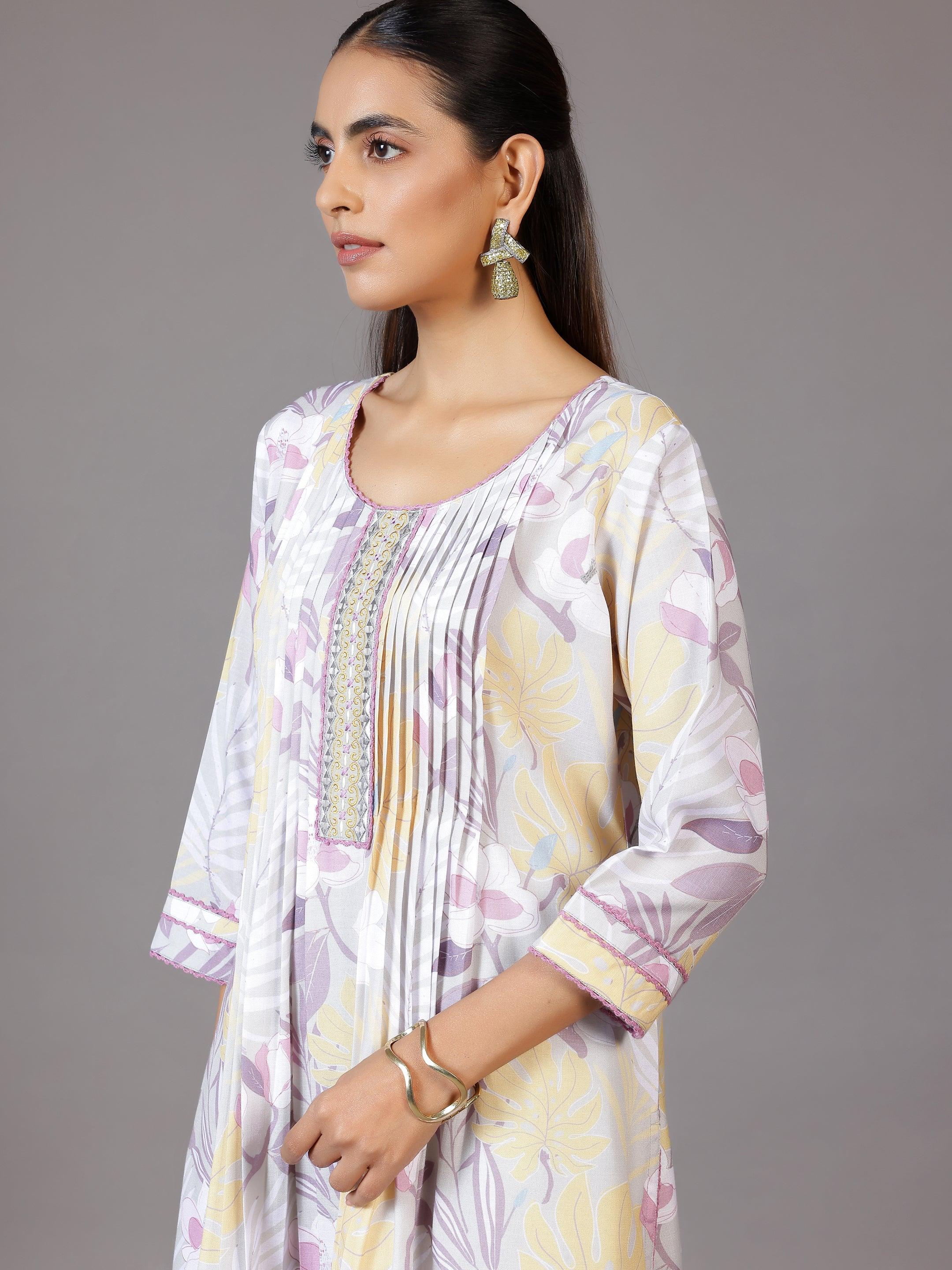 Grey Printed Cotton Blend A-Line Kurta With Palazzos & Dupatta