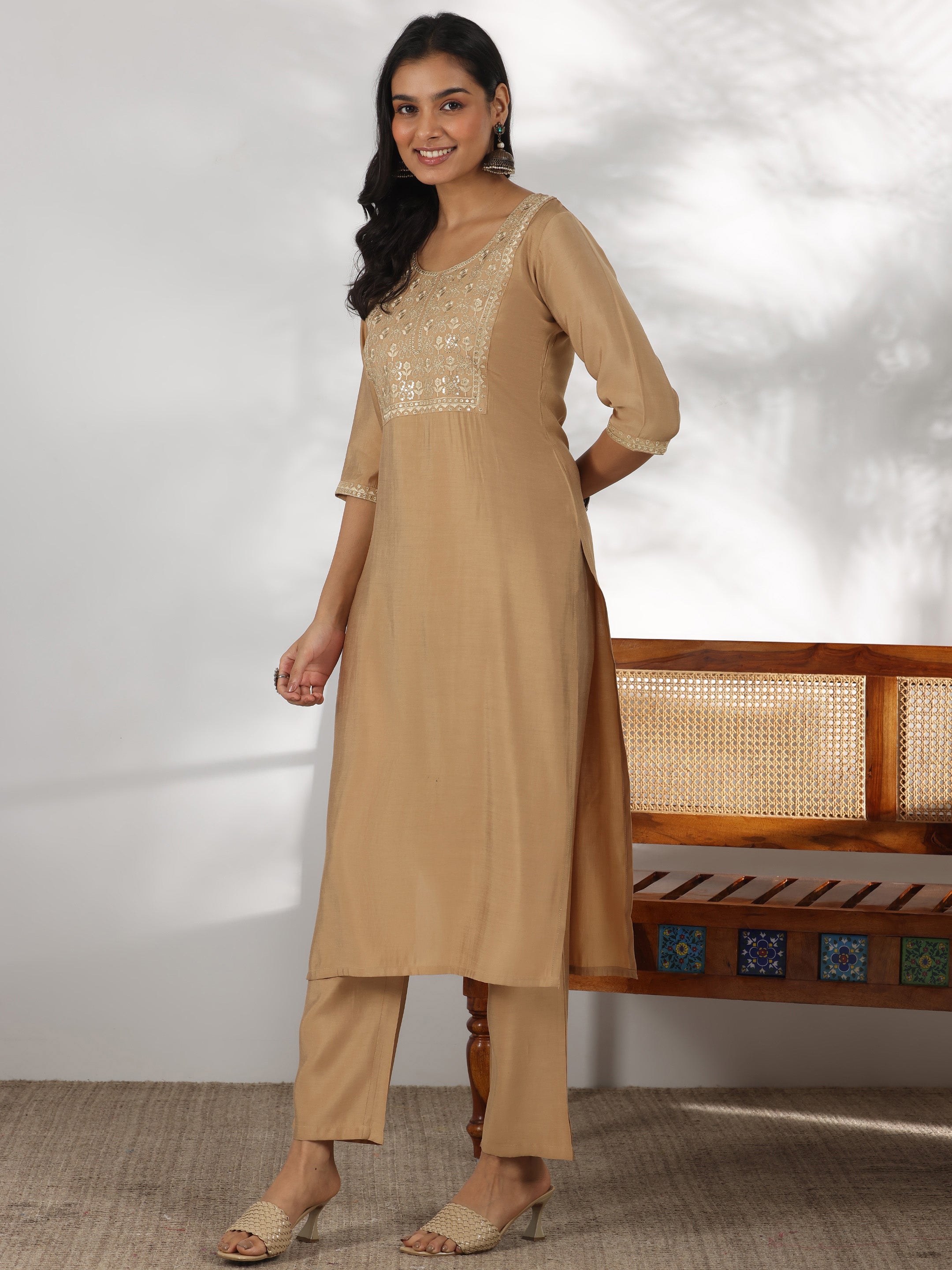 Beige Yoke Design Silk Blend Straight Kurta Set