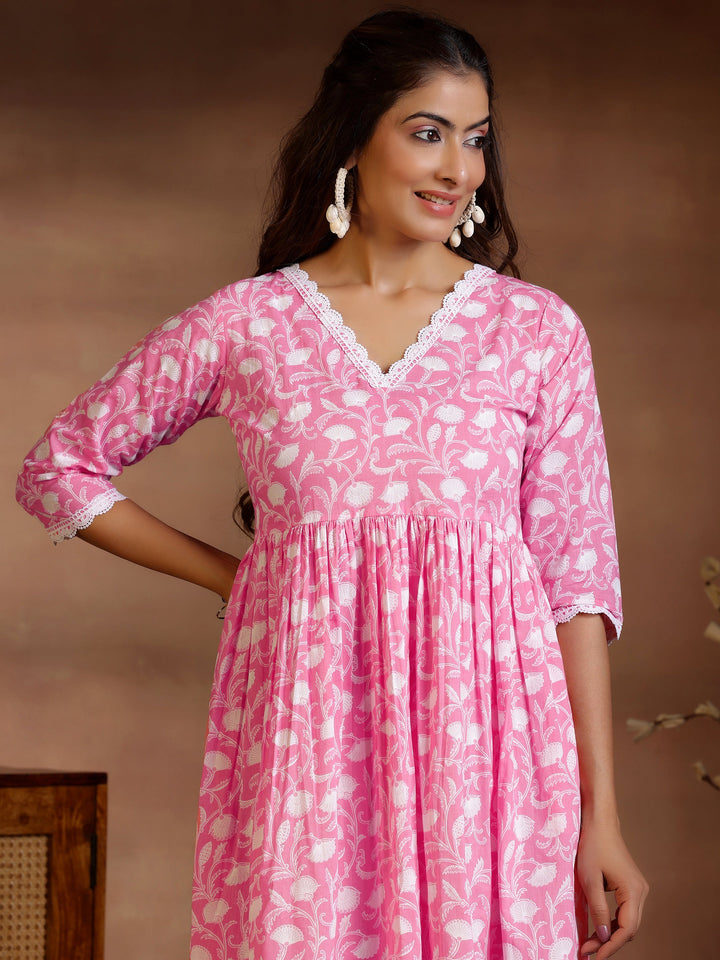 Pink Printed Cotton Fit and Flare Dress