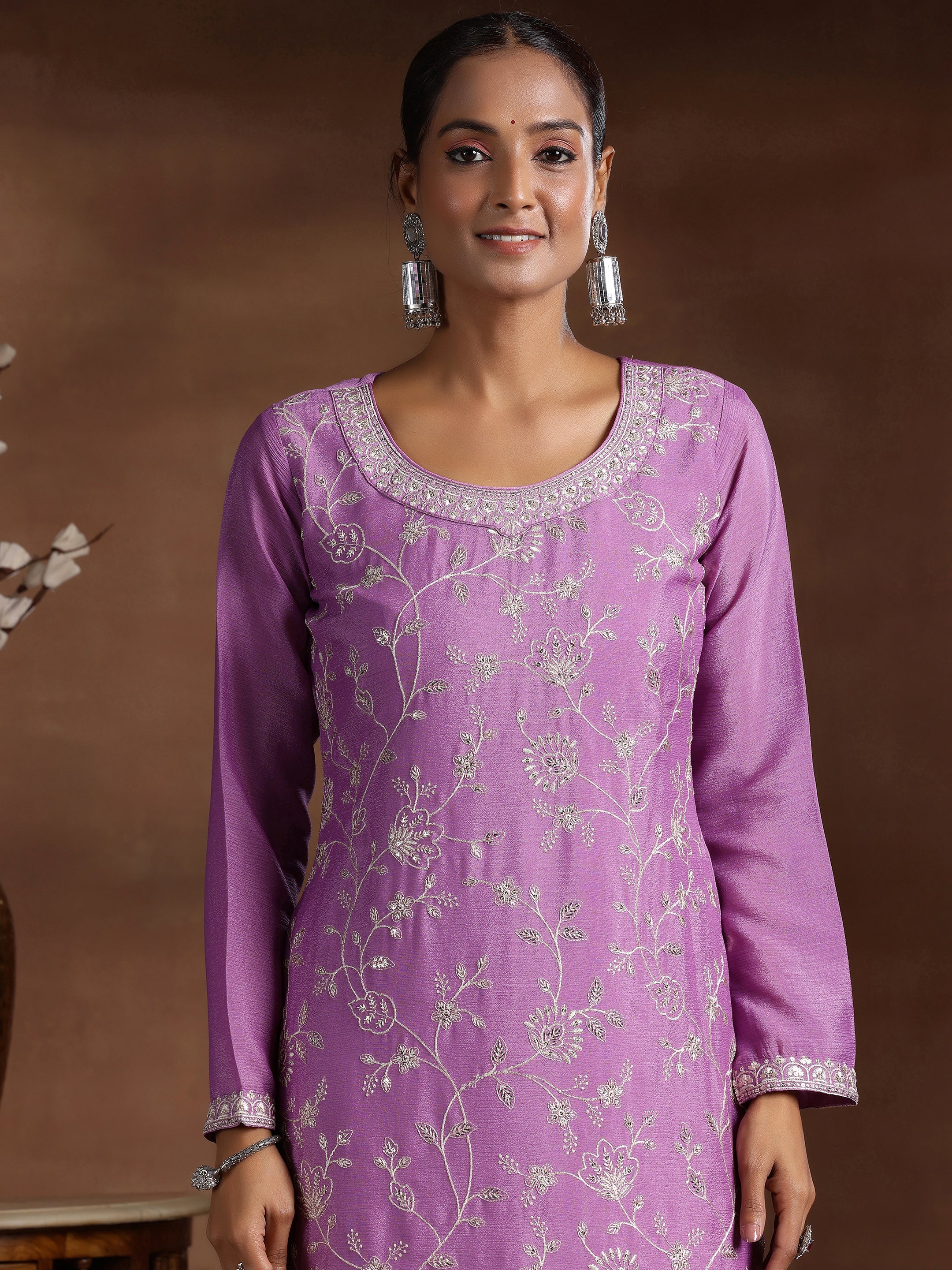 Lavender Embroidered Silk Blend Straight Suit With Dupatta