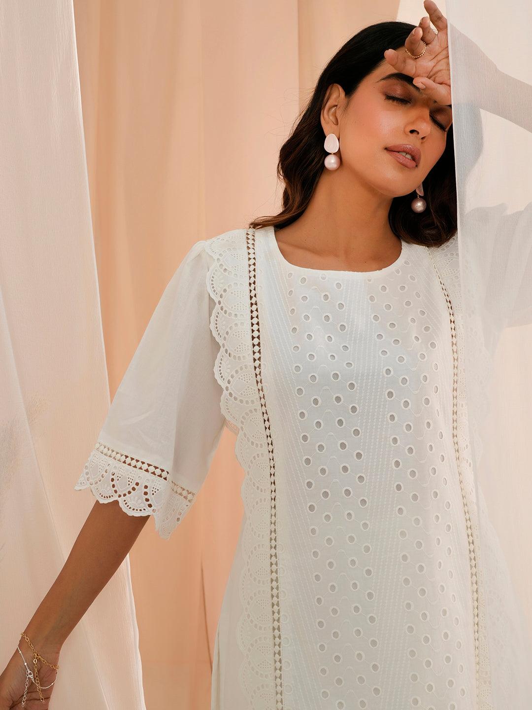 White Embroidered Cotton Straight Kurti - Libas