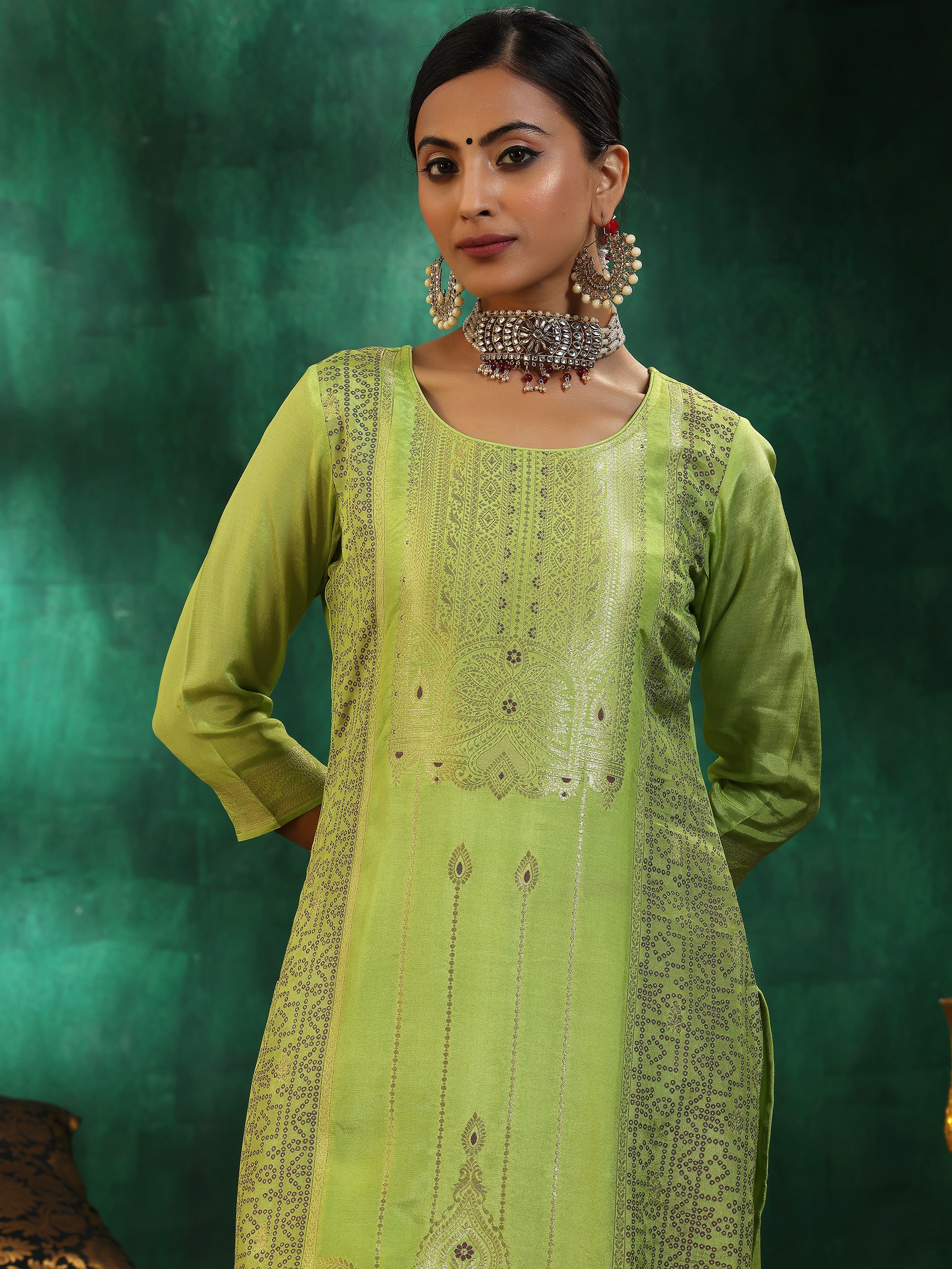 Green Woven Design Silk Blend Straight Suit With Dupatta