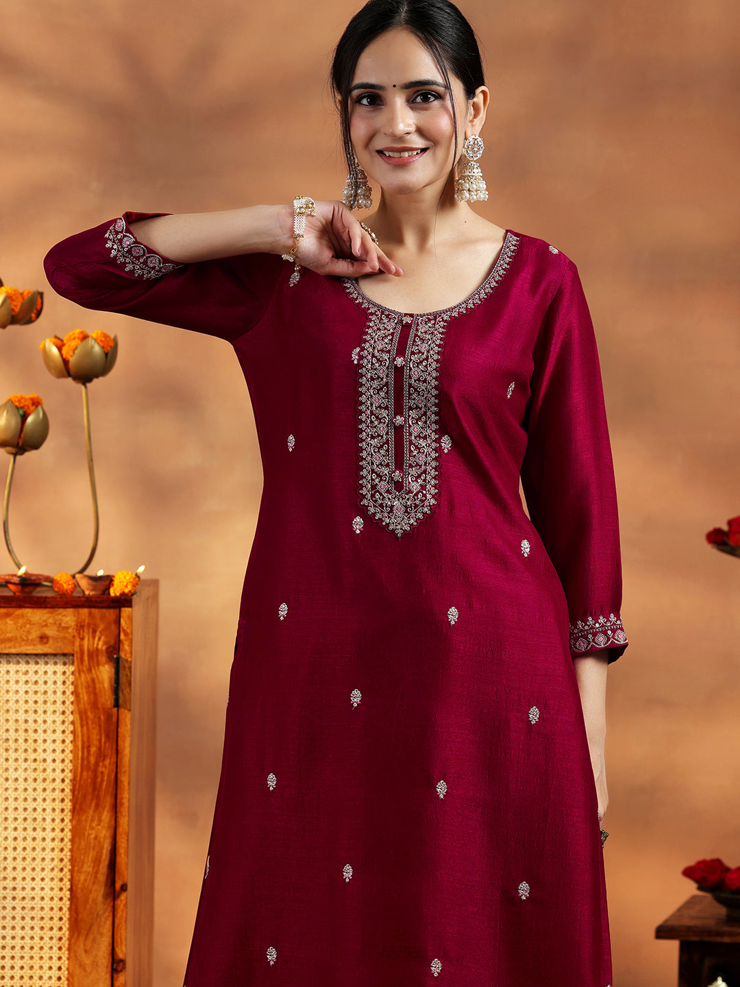 Maroon Embroidered Silk Straight Kurta