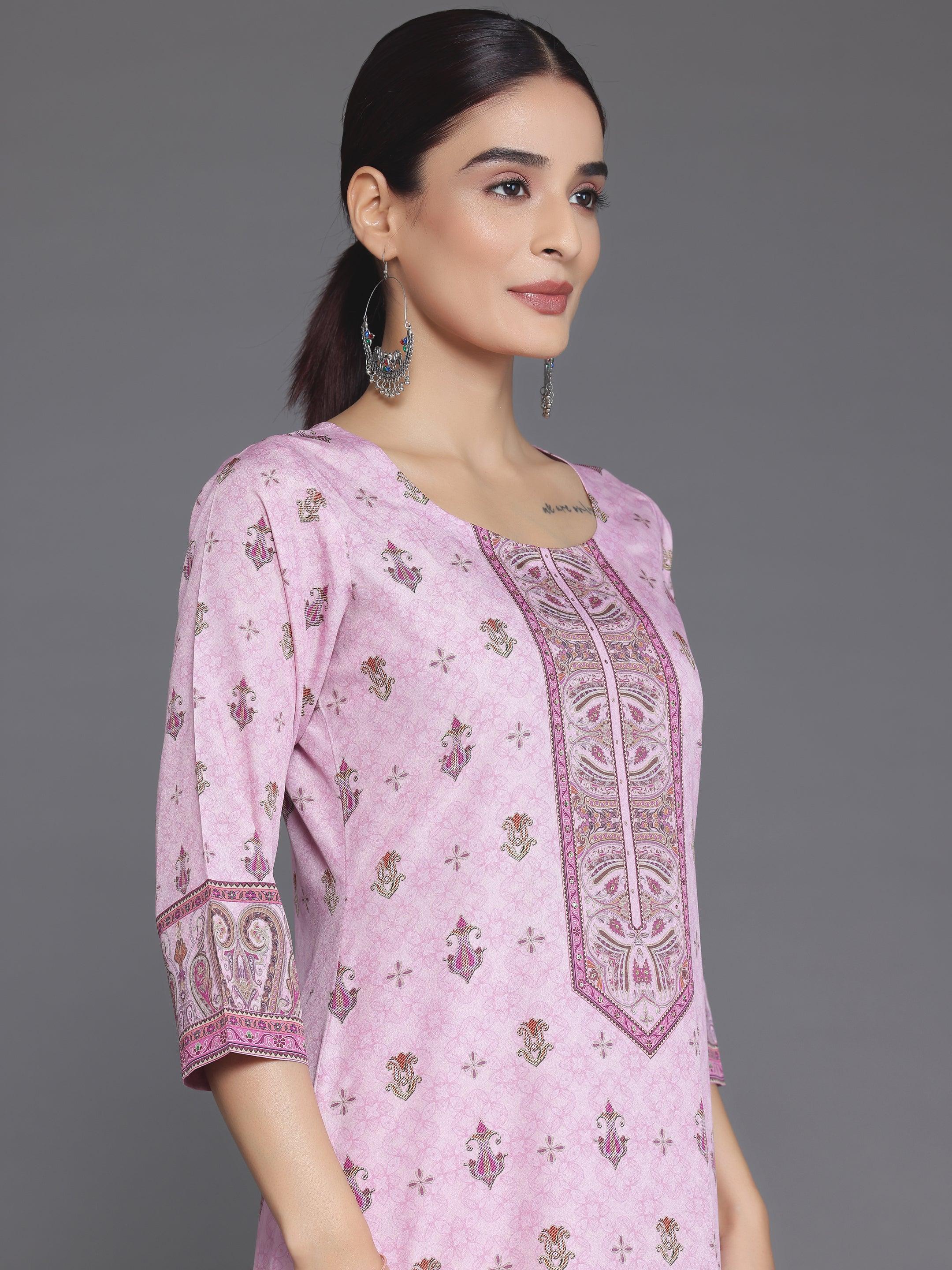 Pink Printed Poly Crepe Straight Suit With Dupatta