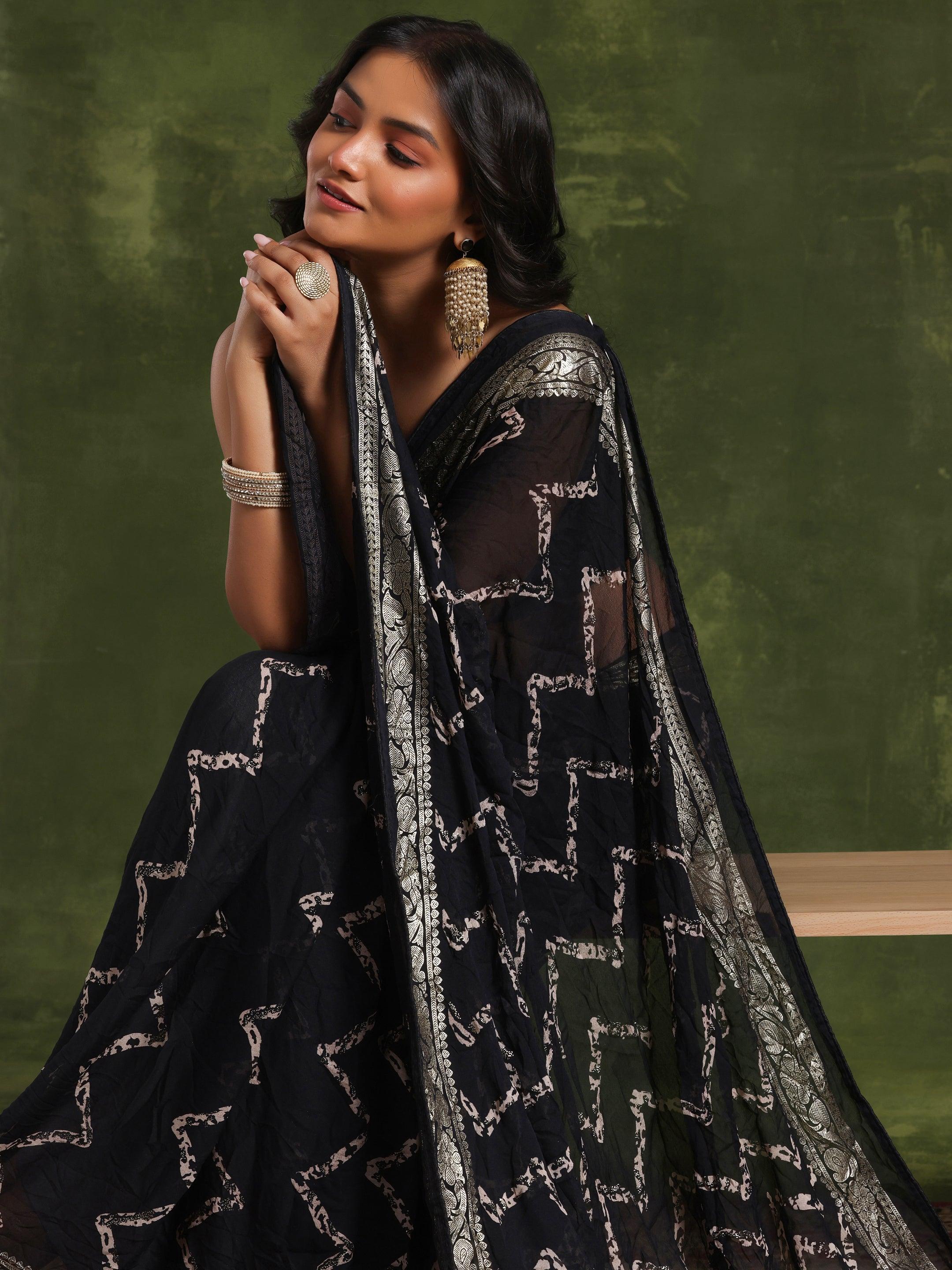 Black Printed Poly Georgette Saree With Unstitched Blouse Piece