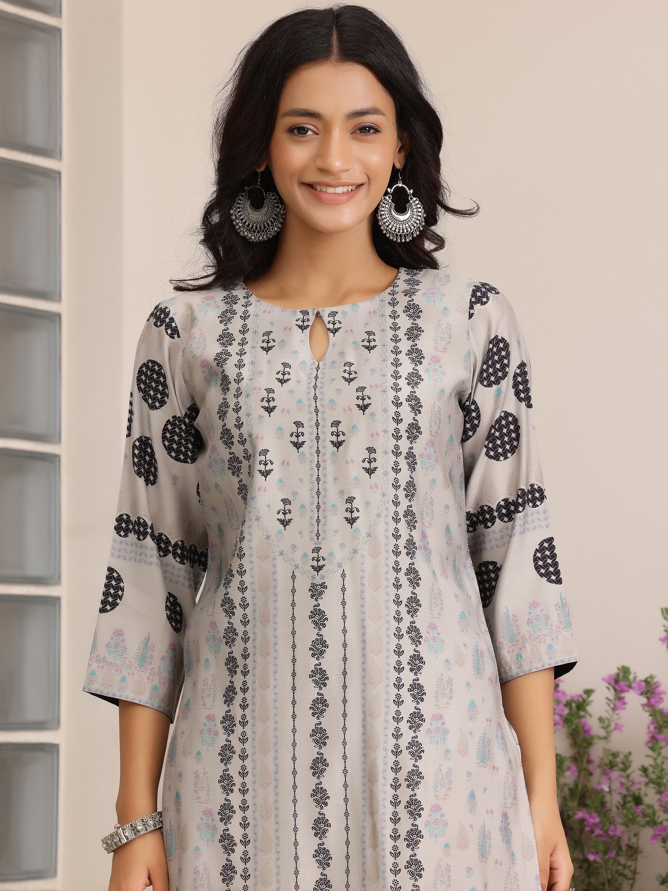 Grey Printed Silk Blend Straight Suit With Dupatta