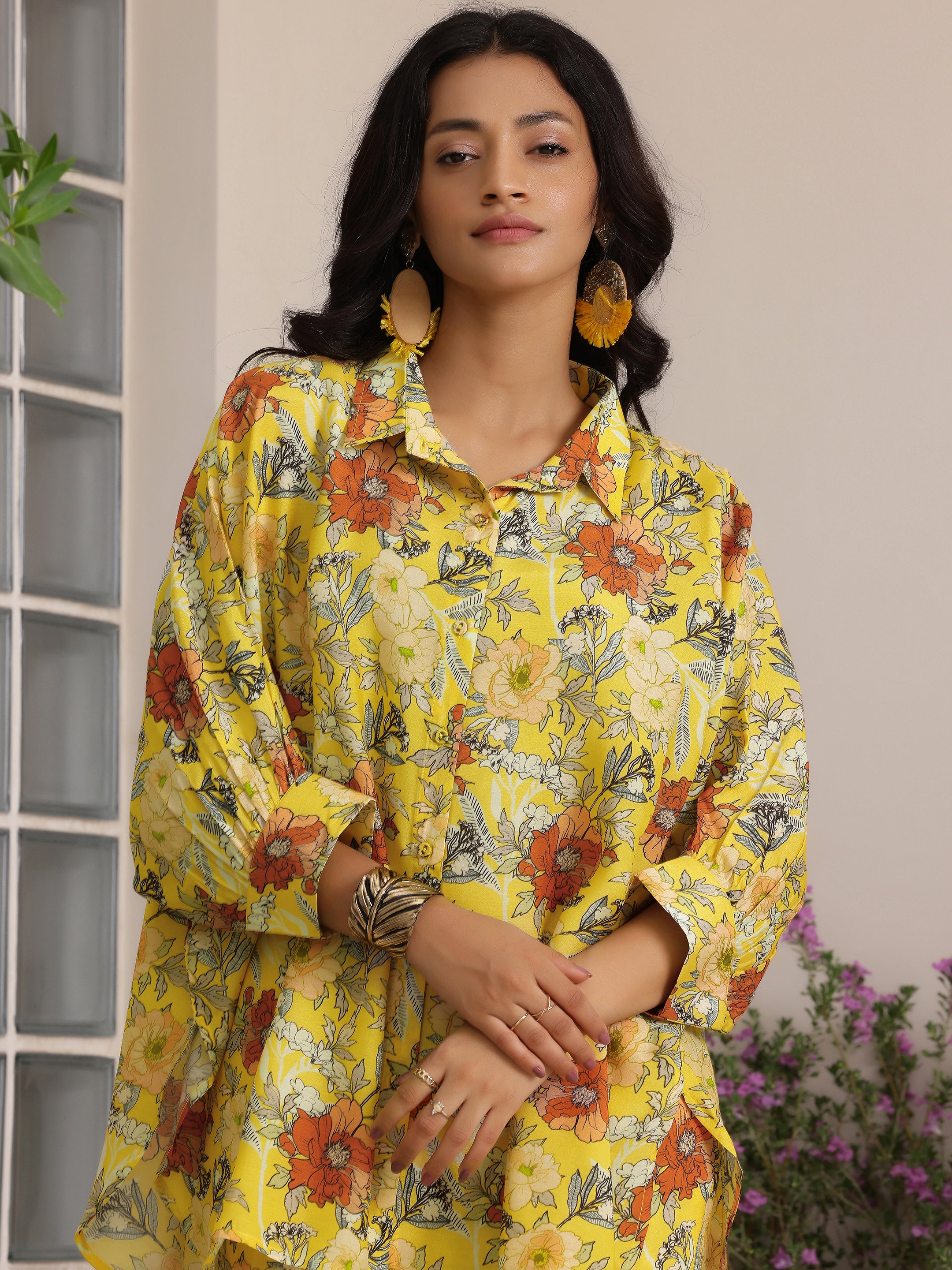 Yellow Printed Silk Blend Co-Ords