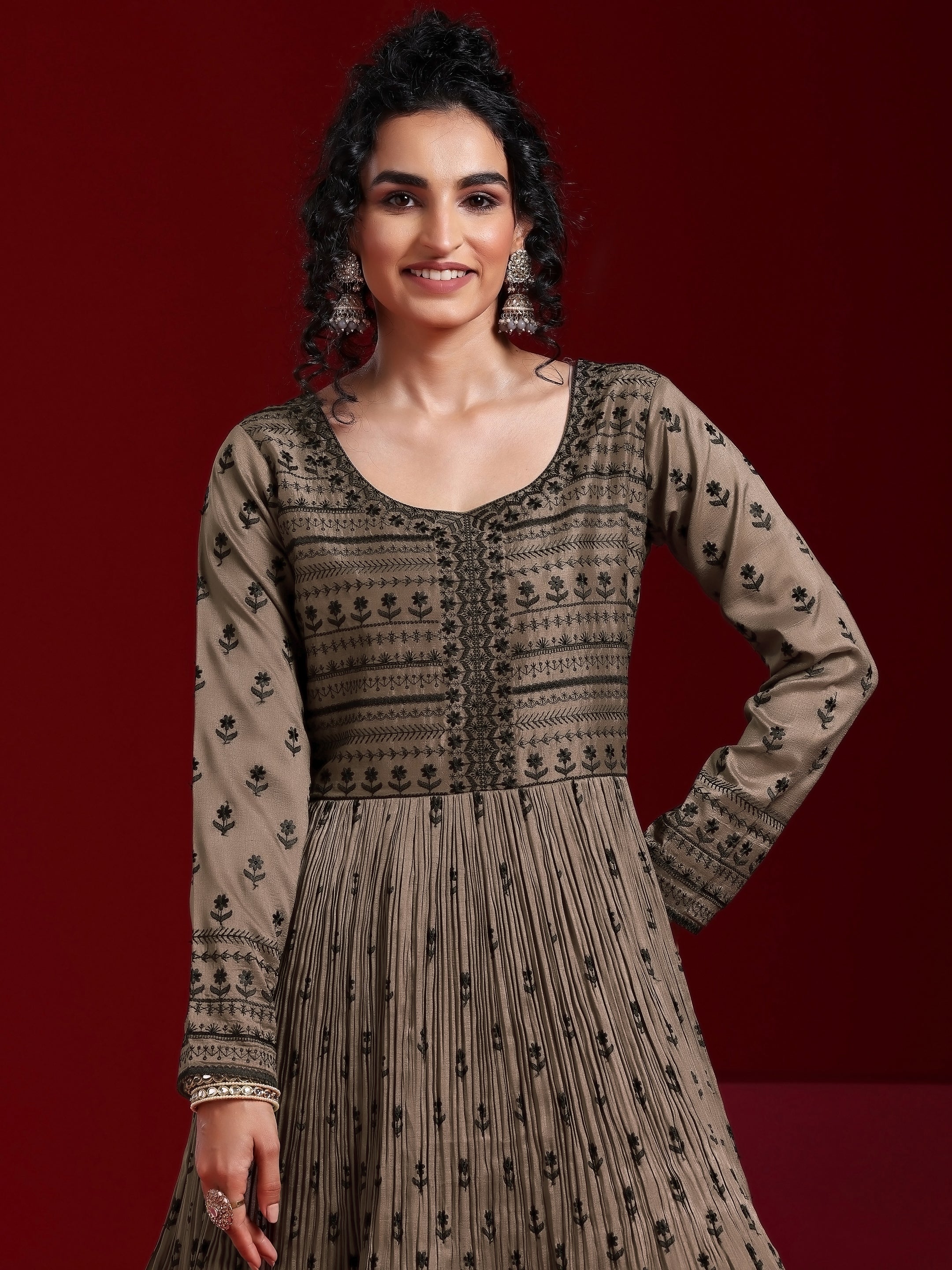 Libas Art Brown Embroidered Silk Blend A-Line Kurta With Sharara & Dupatta