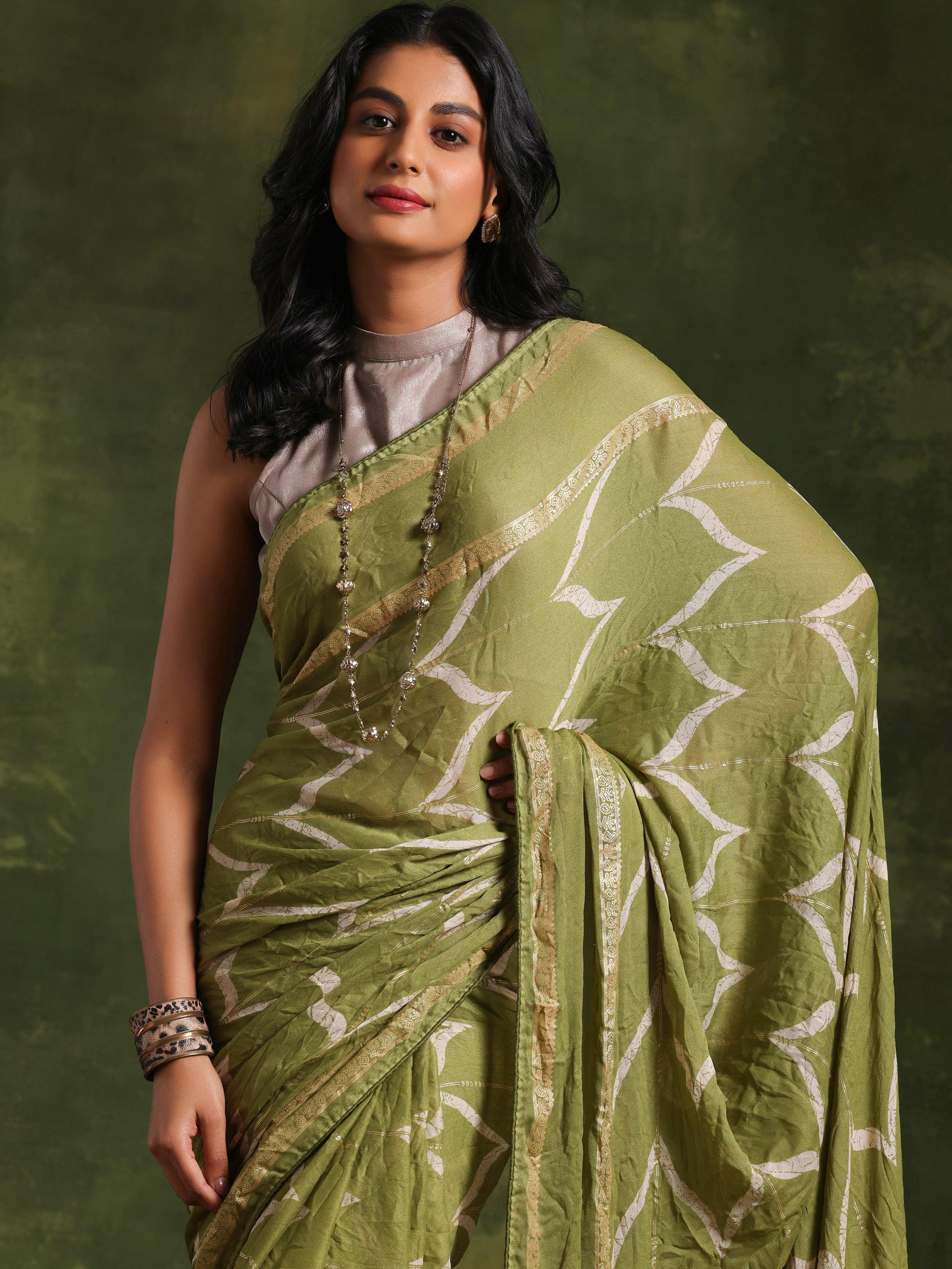 Green Printed Poly Georgette Saree With Unstitched Blouse Piece