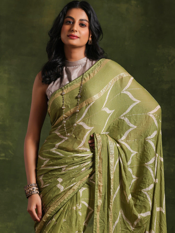 Green Printed Poly Georgette Saree With Unstitched Blouse Piece - Libas