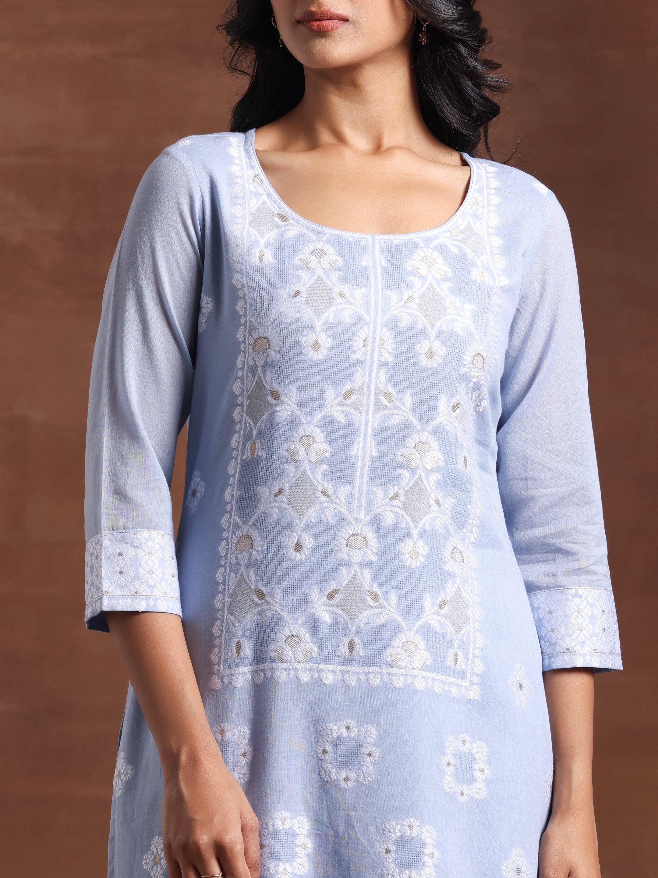 Blue Woven Design Cotton Straight Suit With Dupatta