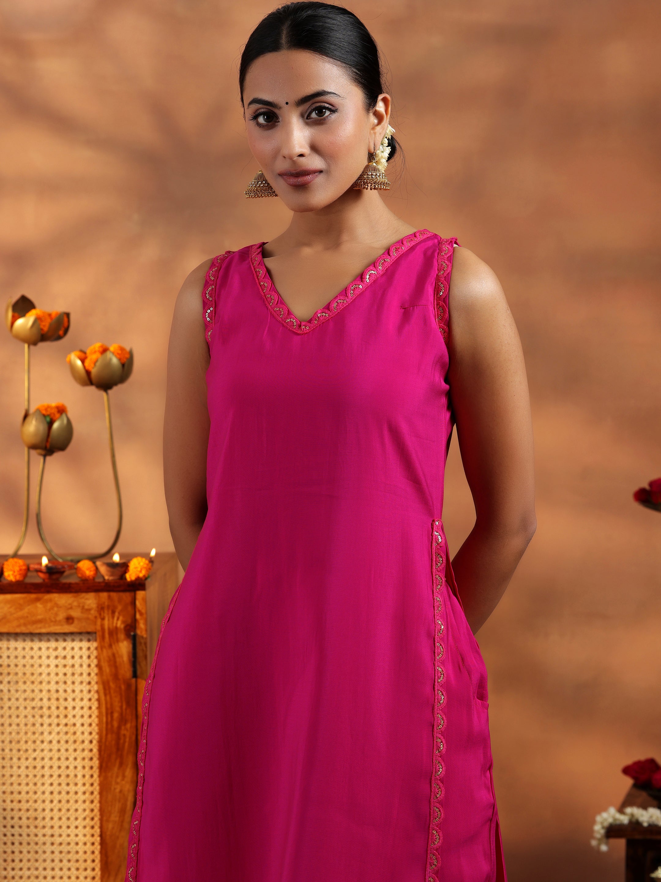 Pink Solid Silk Blend Straight Suit With Dupatta