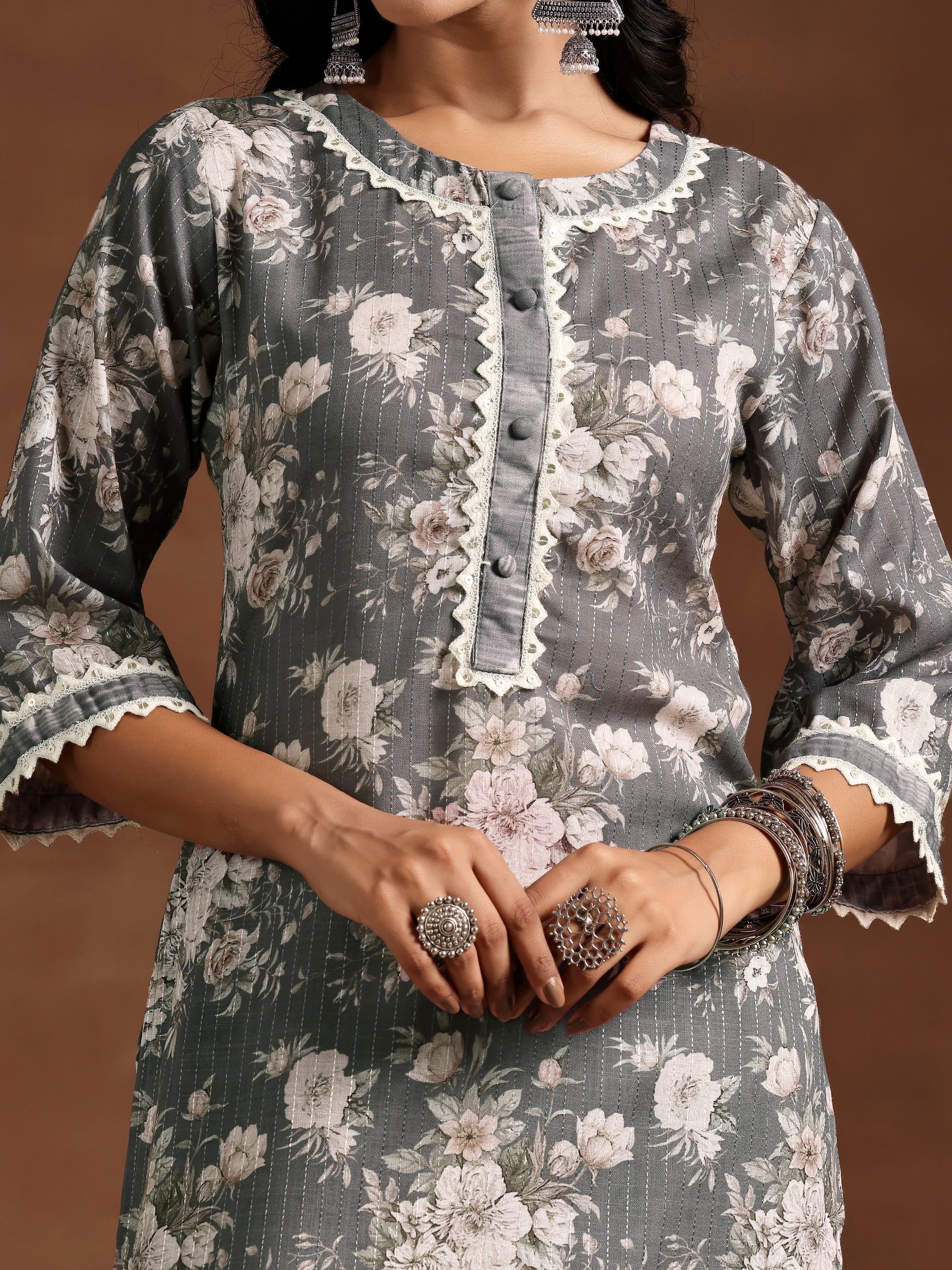 Grey Printed Cotton Straight Suit With Dupatta