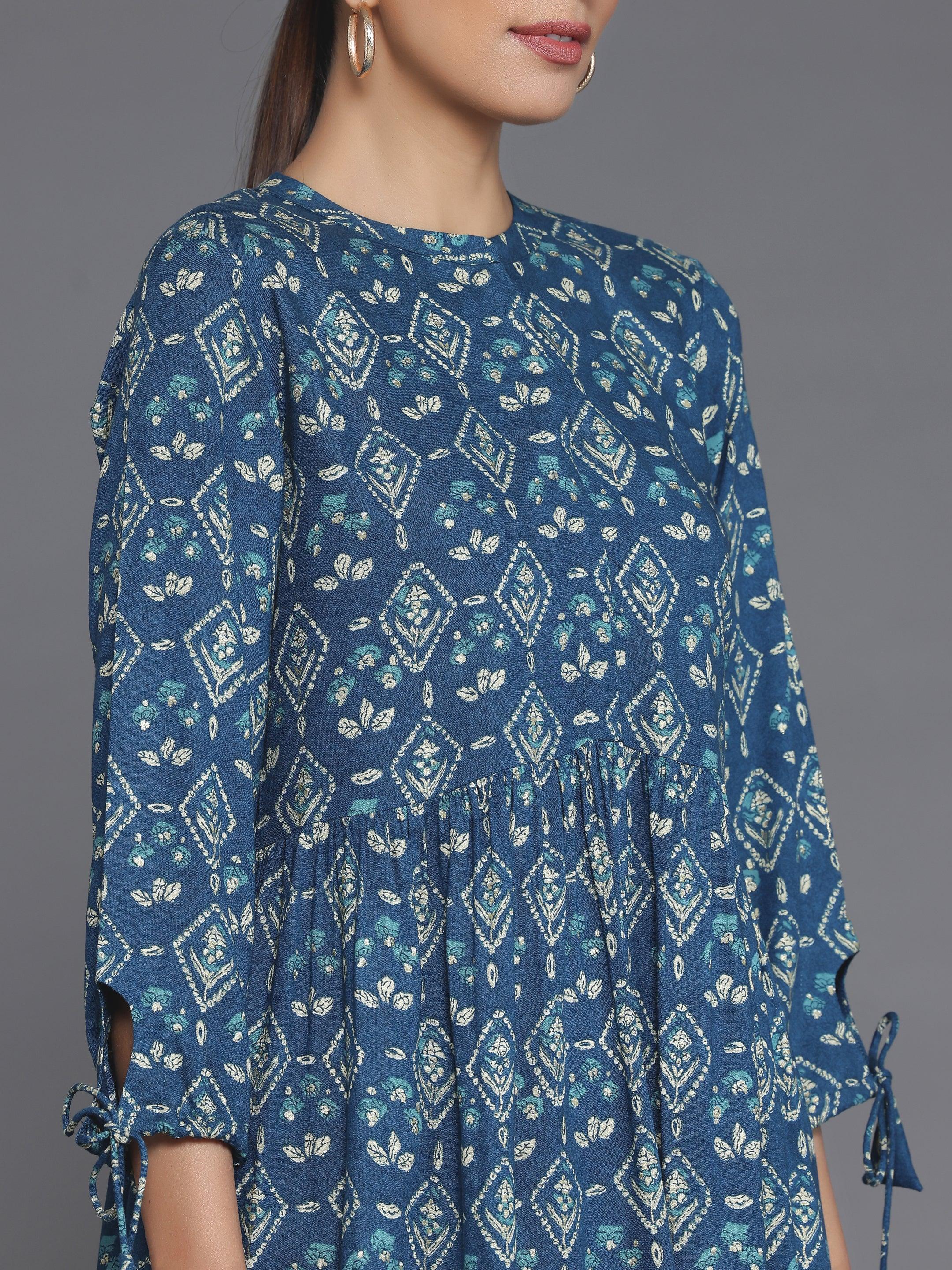 Blue Printed Rayon A-Line Kurti