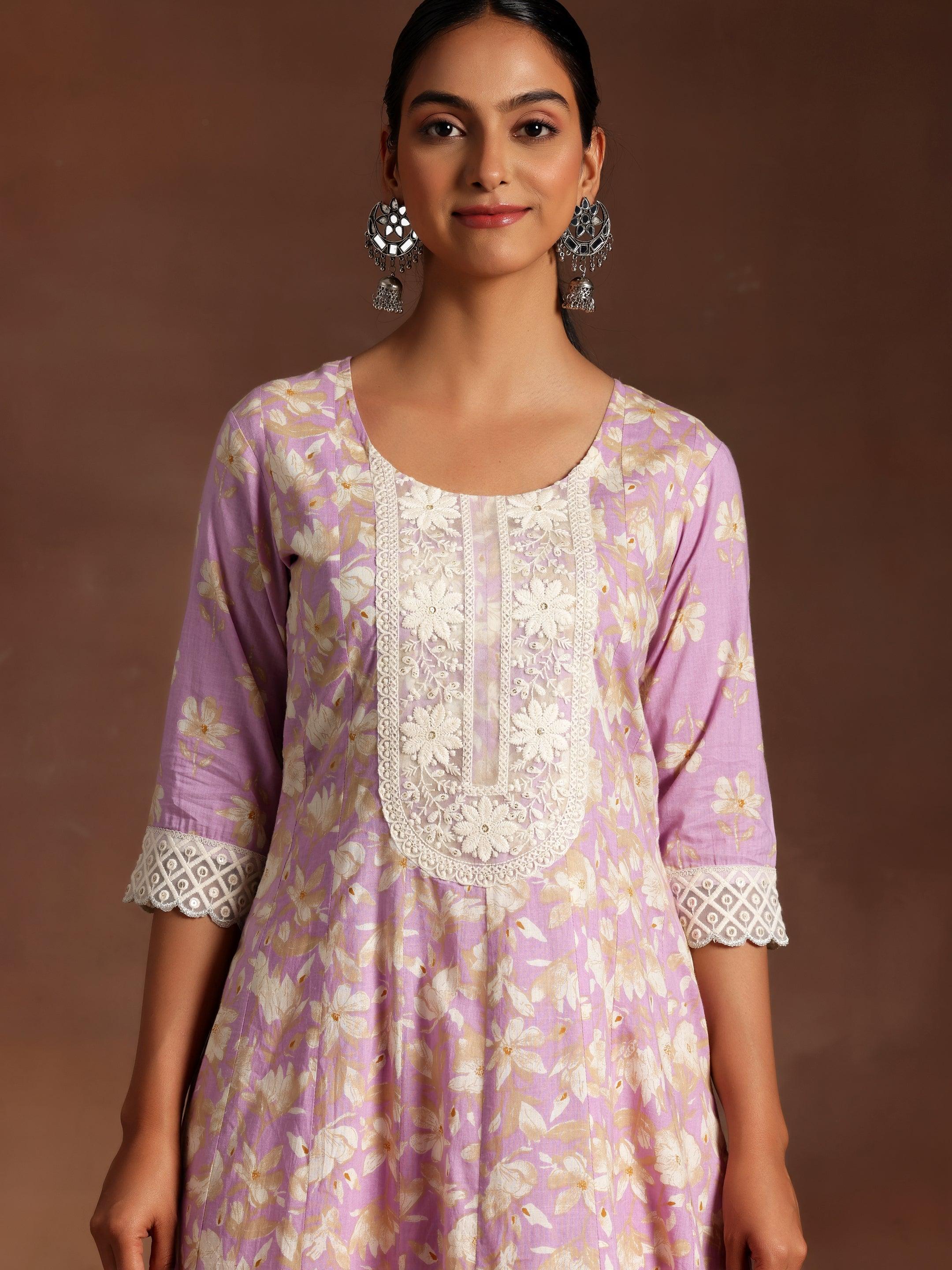 Dilbaro Purple Printed Cotton A-Line Kurta With Trousers & Dupatta