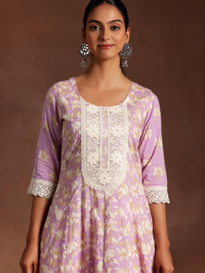 Dilbaro Purple Printed Cotton A-Line Kurta With Trousers & Dupatta - ShopLibas