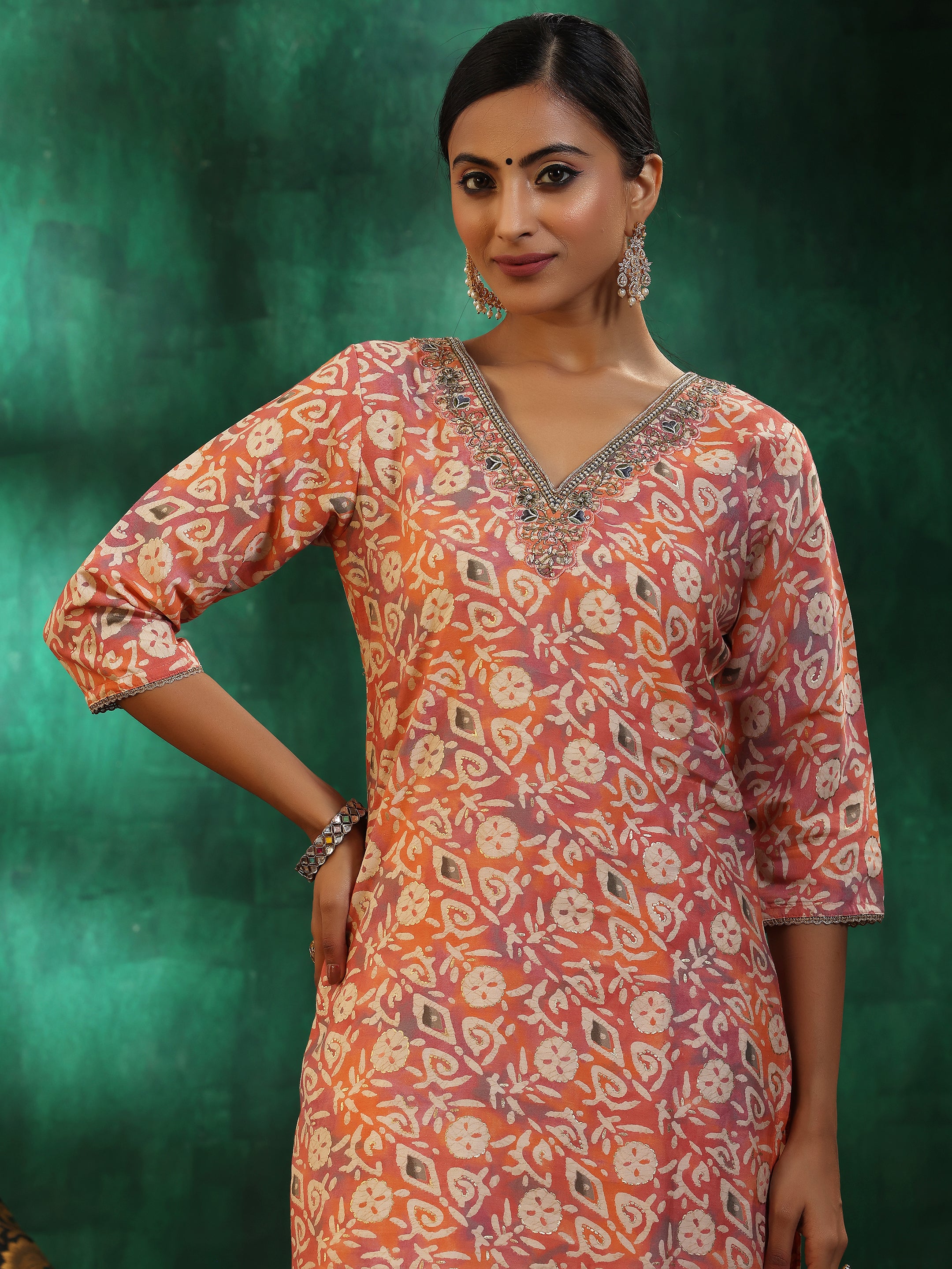 Peach Printed Silk Blend Straight Suit With Dupatta